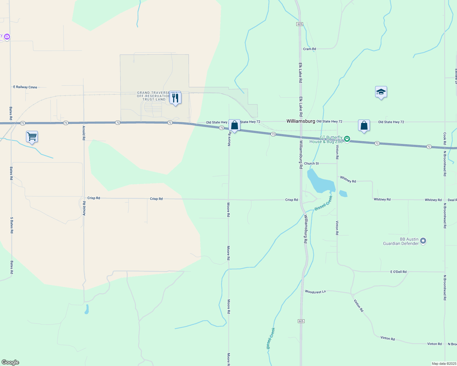 map of restaurants, bars, coffee shops, grocery stores, and more near 5669 Moore Road in Williamsburg