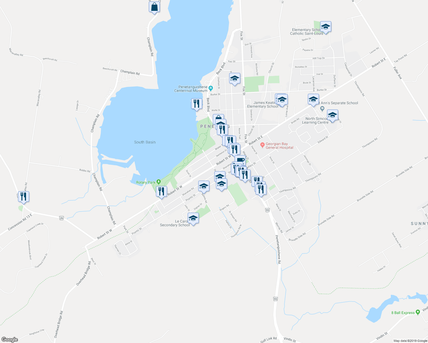 map of restaurants, bars, coffee shops, grocery stores, and more near 24 Owen Street in Penetanguishene