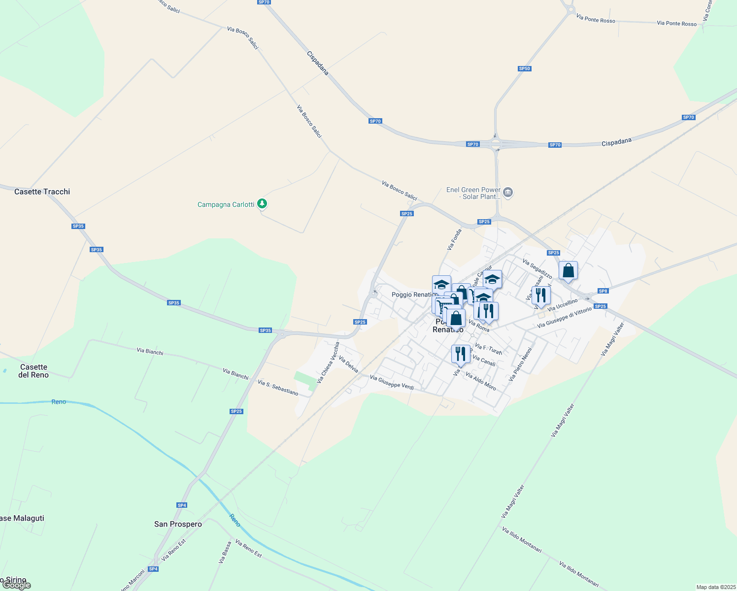 map of restaurants, bars, coffee shops, grocery stores, and more near 74 c Via XX Settembre in Poggio Renatico