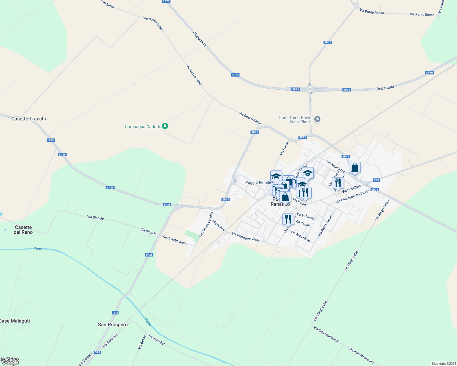 map of restaurants, bars, coffee shops, grocery stores, and more near 74 c Via XX Settembre in Poggio Renatico