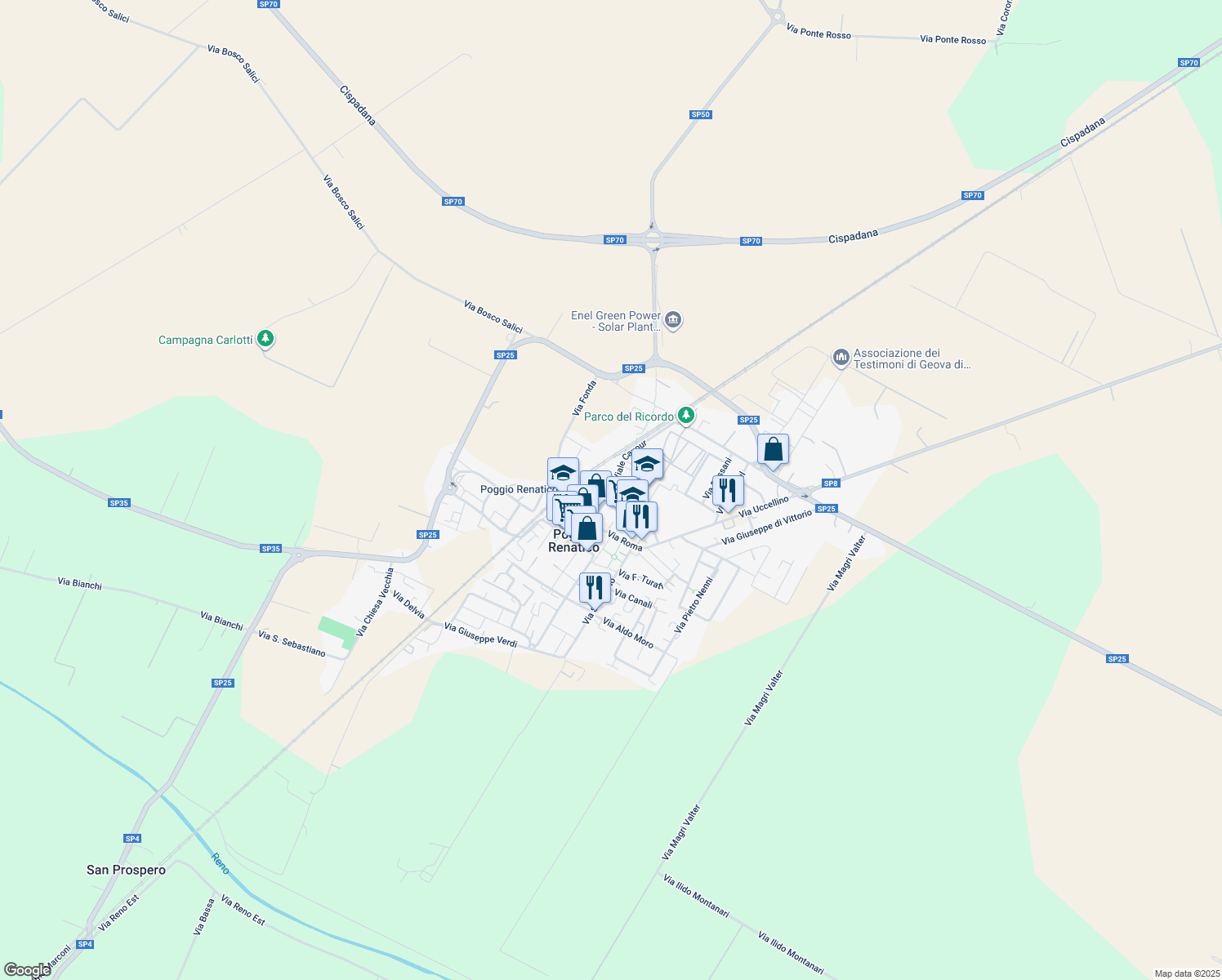 map of restaurants, bars, coffee shops, grocery stores, and more near 47 Viale Cavour in Poggio Renatico