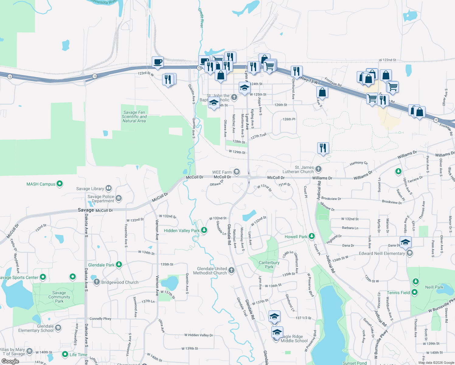 map of restaurants, bars, coffee shops, grocery stores, and more near 13005 Ottawa Place in Savage