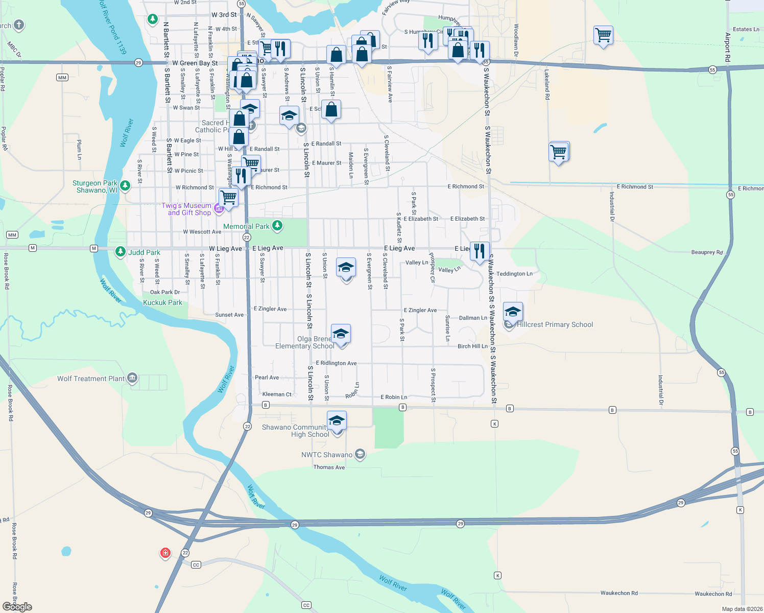 map of restaurants, bars, coffee shops, grocery stores, and more near 919 East Zingler Avenue in Shawano