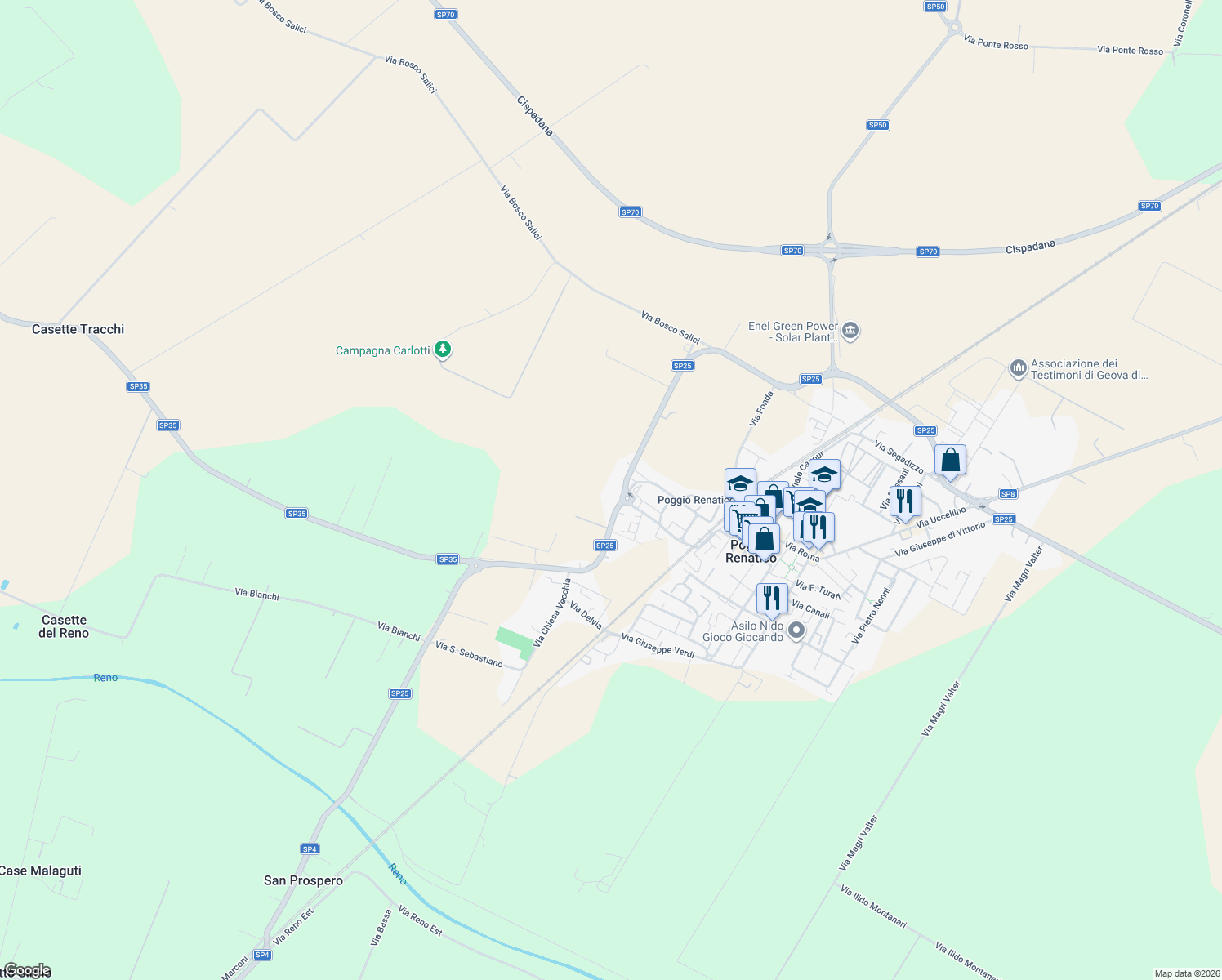 map of restaurants, bars, coffee shops, grocery stores, and more near 74 c Via XX Settembre in Poggio Renatico