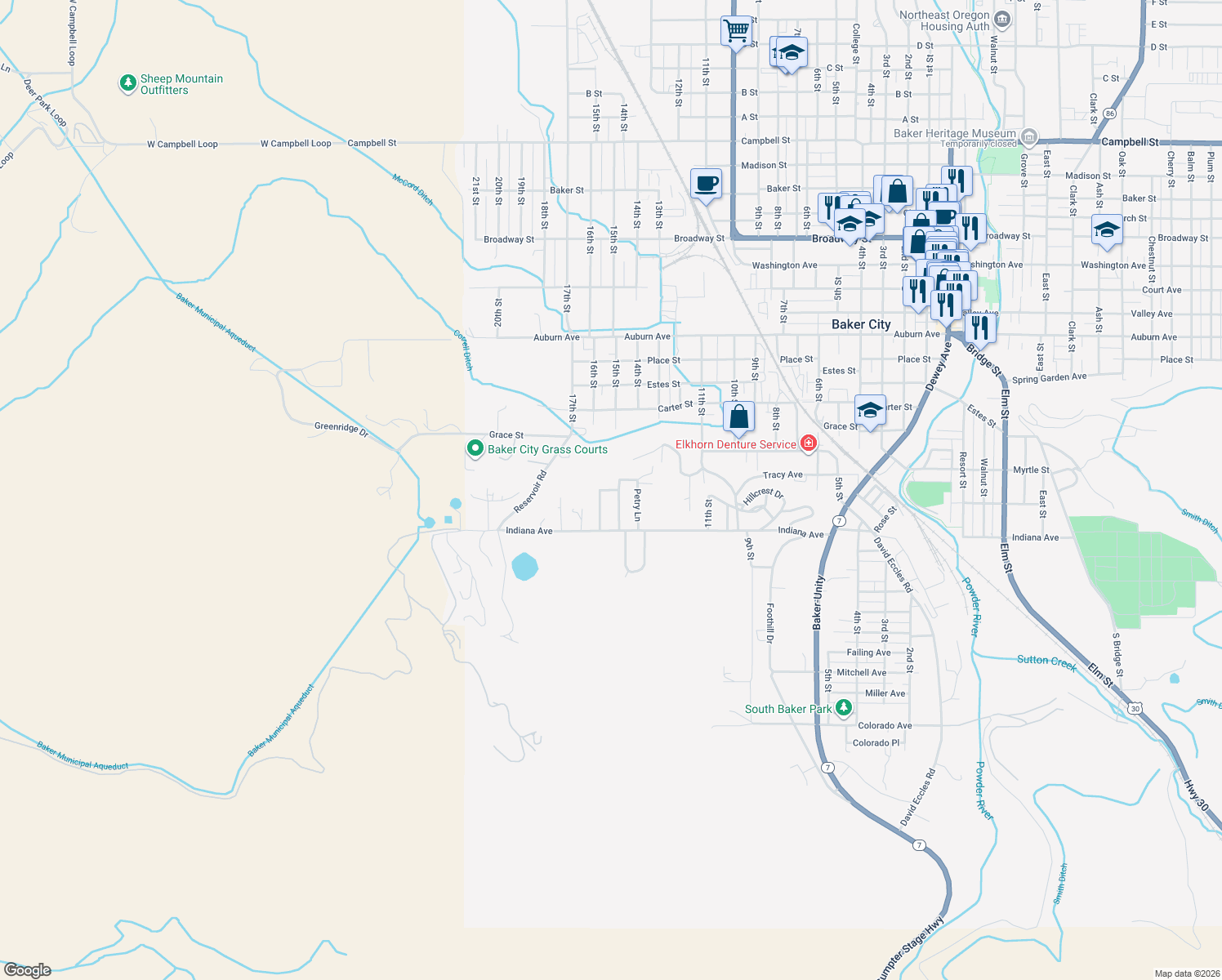 map of restaurants, bars, coffee shops, grocery stores, and more near 3410 Eaglecrest Way in Baker City