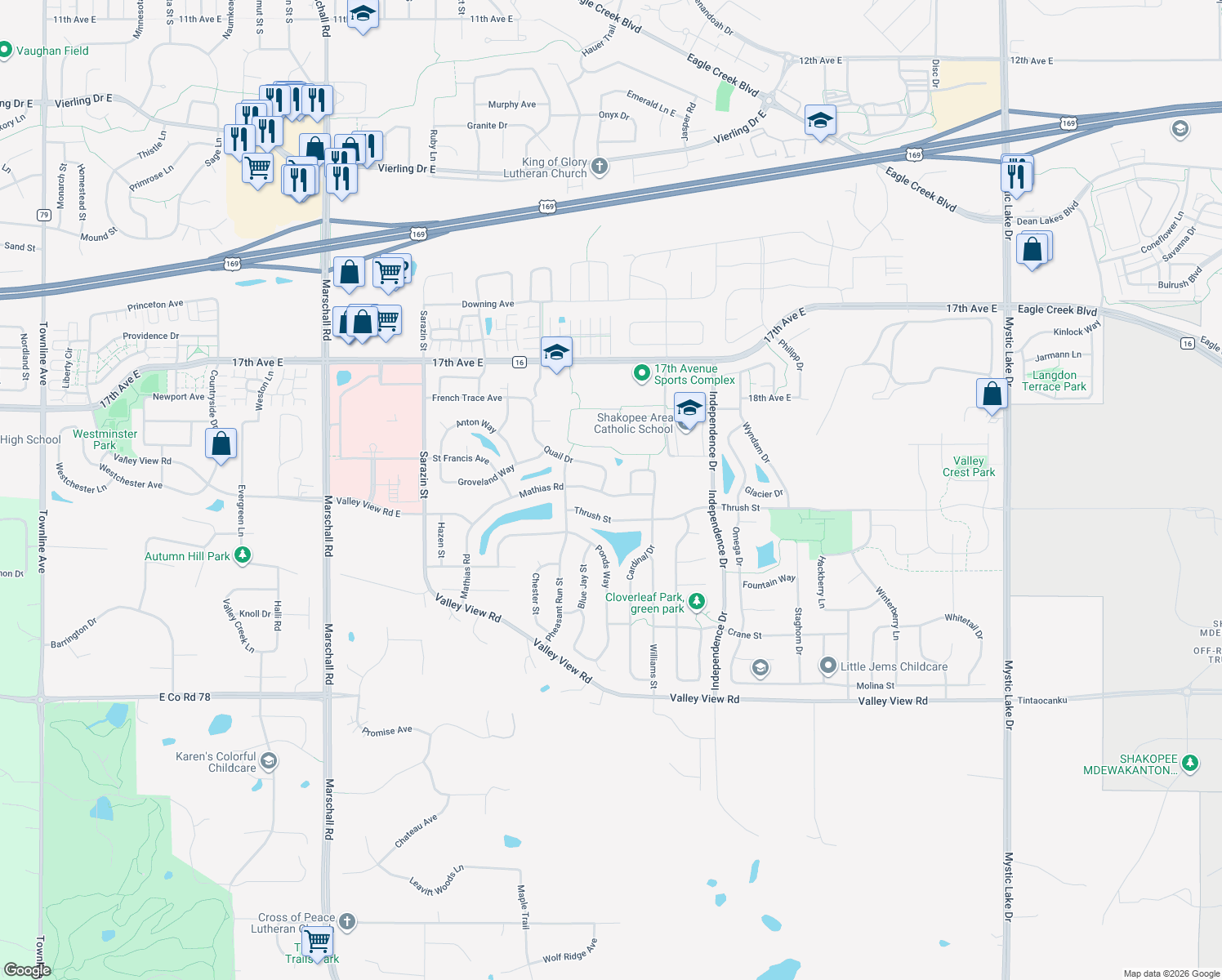 map of restaurants, bars, coffee shops, grocery stores, and more near 1895 Quail Drive in Shakopee