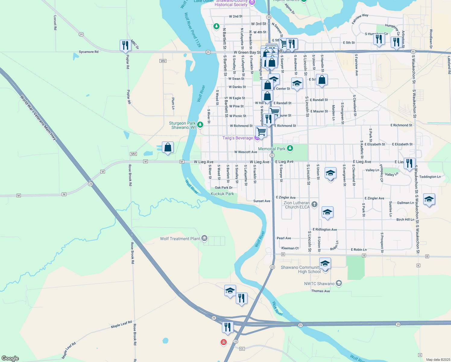 map of restaurants, bars, coffee shops, grocery stores, and more near 606 W Stevens Ave in Shawano