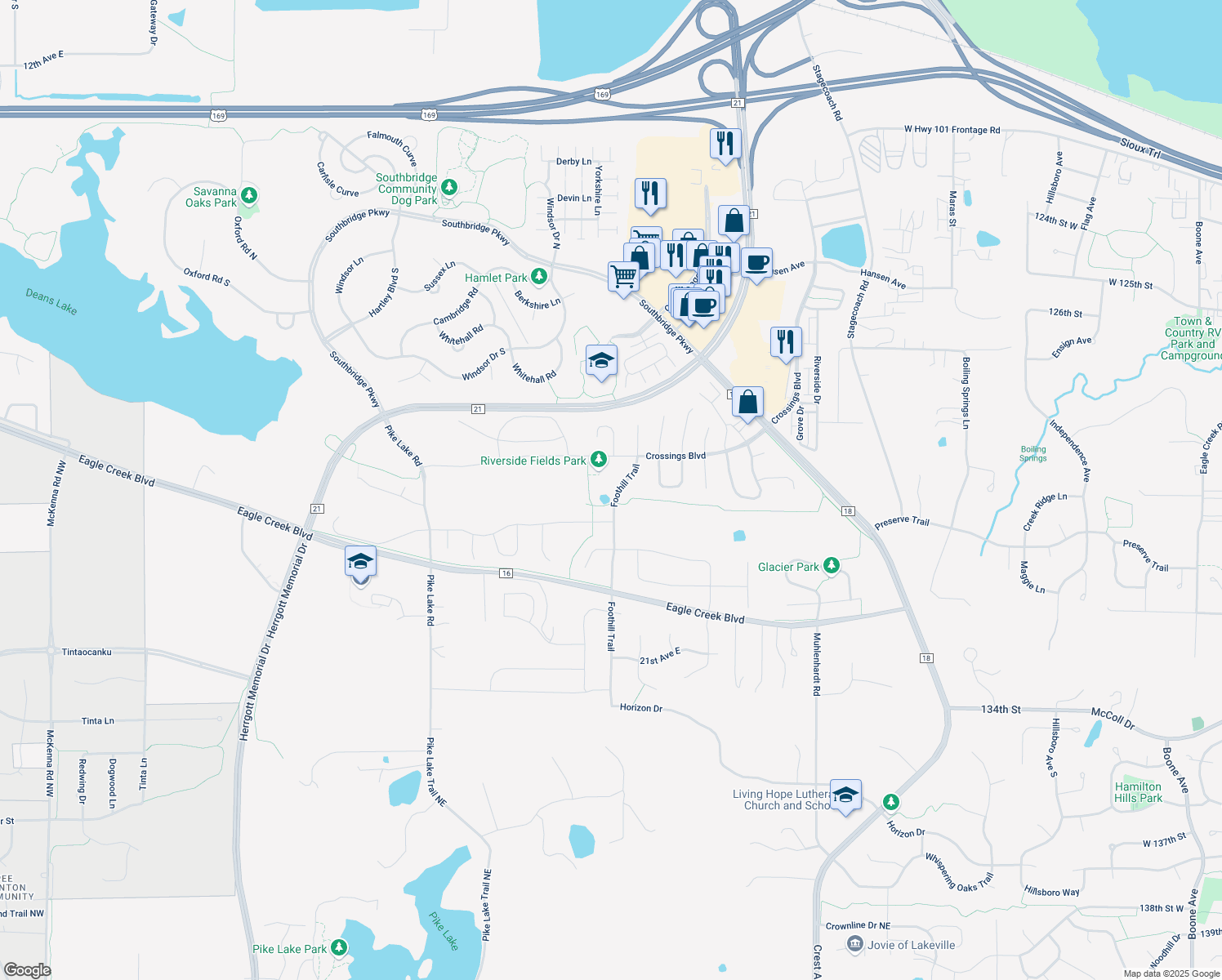 map of restaurants, bars, coffee shops, grocery stores, and more near 1880 Foothill Trail in Shakopee