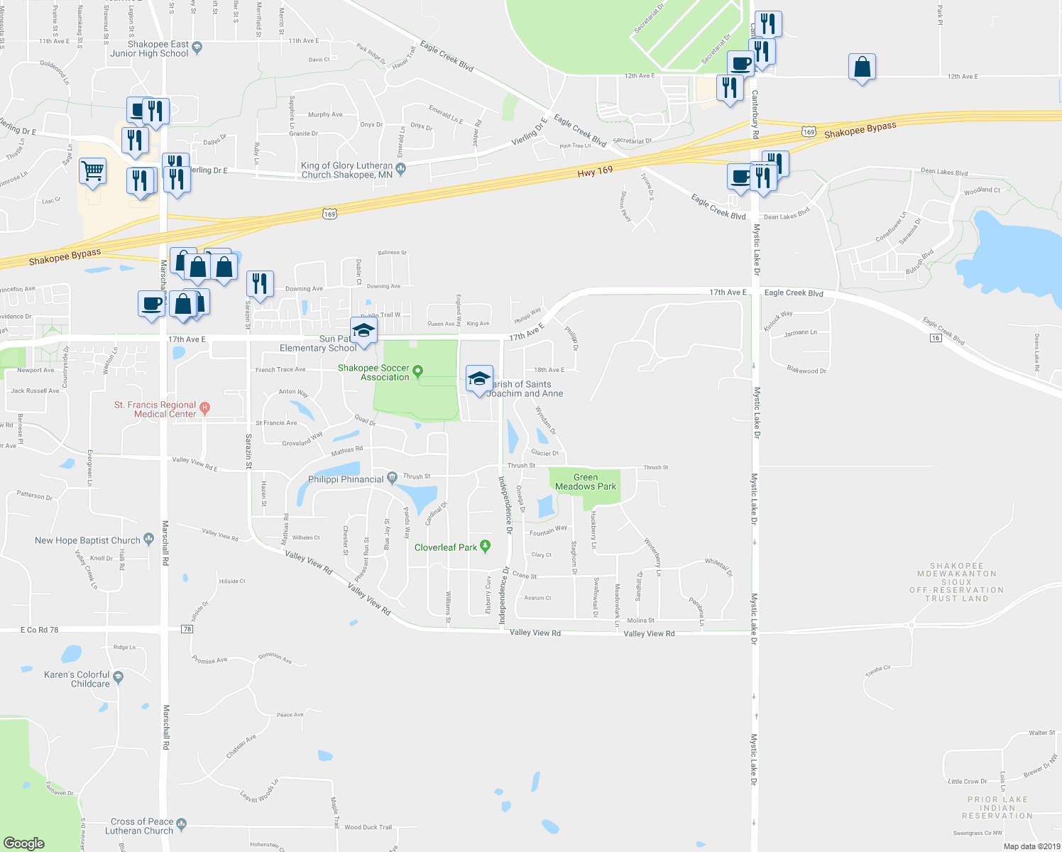 map of restaurants, bars, coffee shops, grocery stores, and more near 1865 Omega Drive in Shakopee