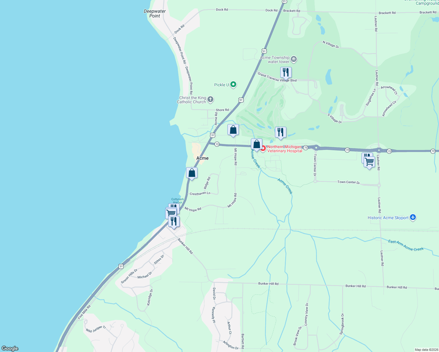 map of restaurants, bars, coffee shops, grocery stores, and more near 5799 Apple Valley Rd in Williamsburg