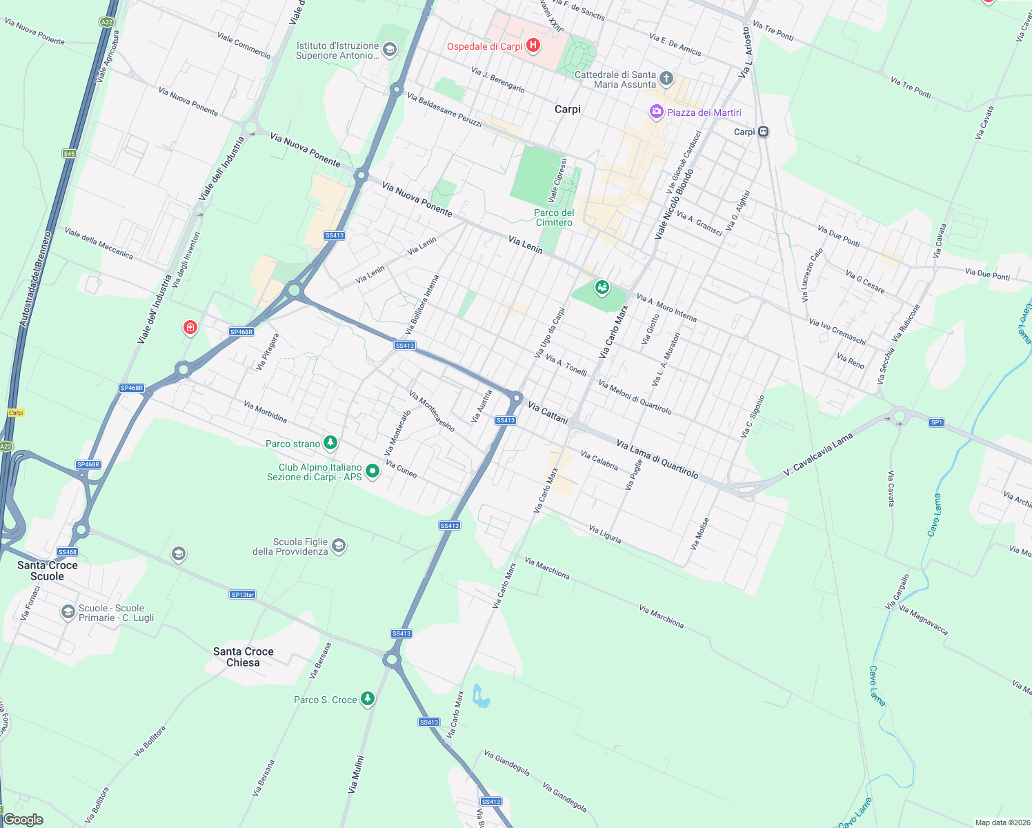 map of restaurants, bars, coffee shops, grocery stores, and more near 18 Via Cattani in Carpi