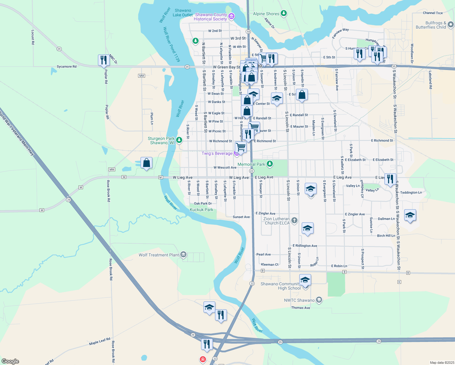 map of restaurants, bars, coffee shops, grocery stores, and more near 1112 S Lafayette St in Shawano