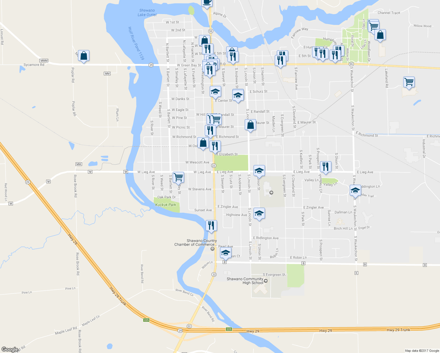 map of restaurants, bars, coffee shops, grocery stores, and more near 911 South Sawyer Street in Shawano