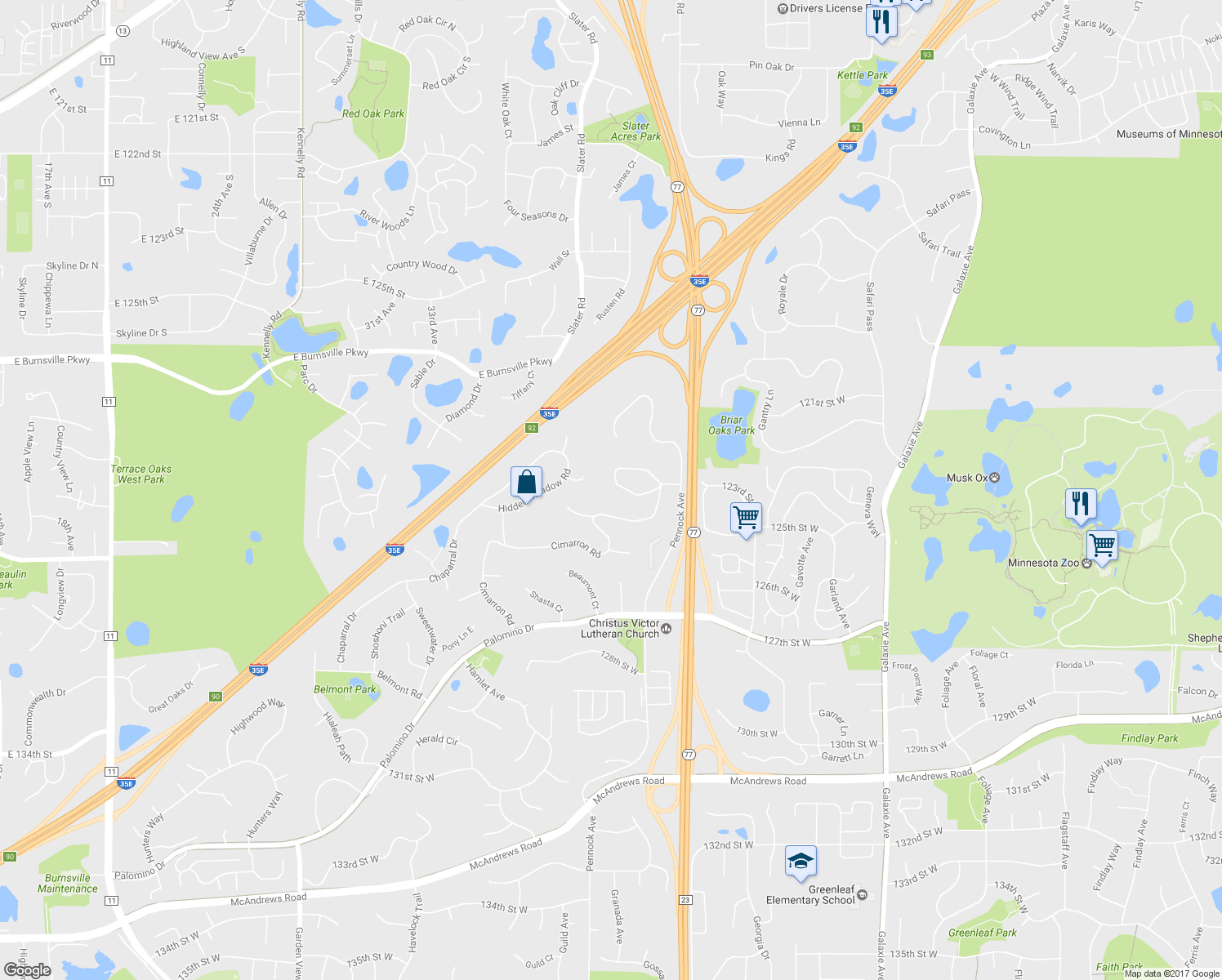 map of restaurants, bars, coffee shops, grocery stores, and more near 129 Surrey Trail South in Apple Valley
