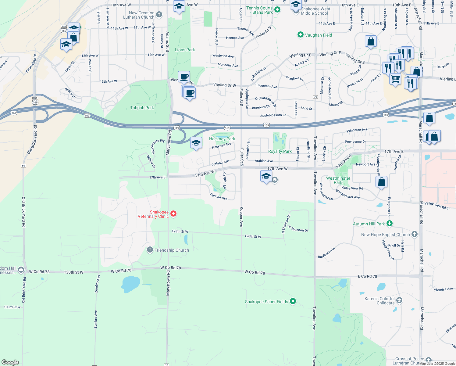 map of restaurants, bars, coffee shops, grocery stores, and more near 1737 Caspian Lane in Shakopee