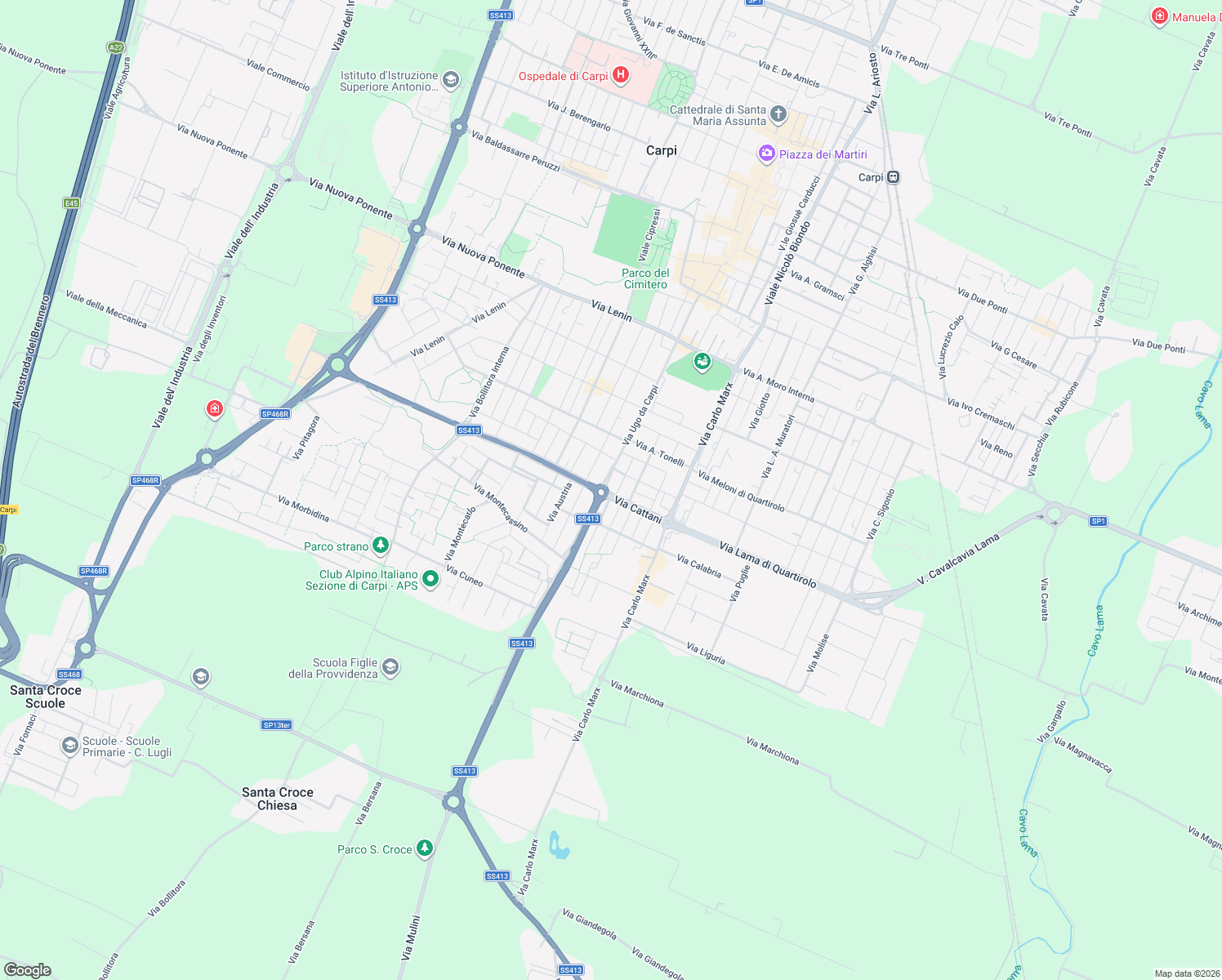 map of restaurants, bars, coffee shops, grocery stores, and more near 18 Via Cattani in Carpi