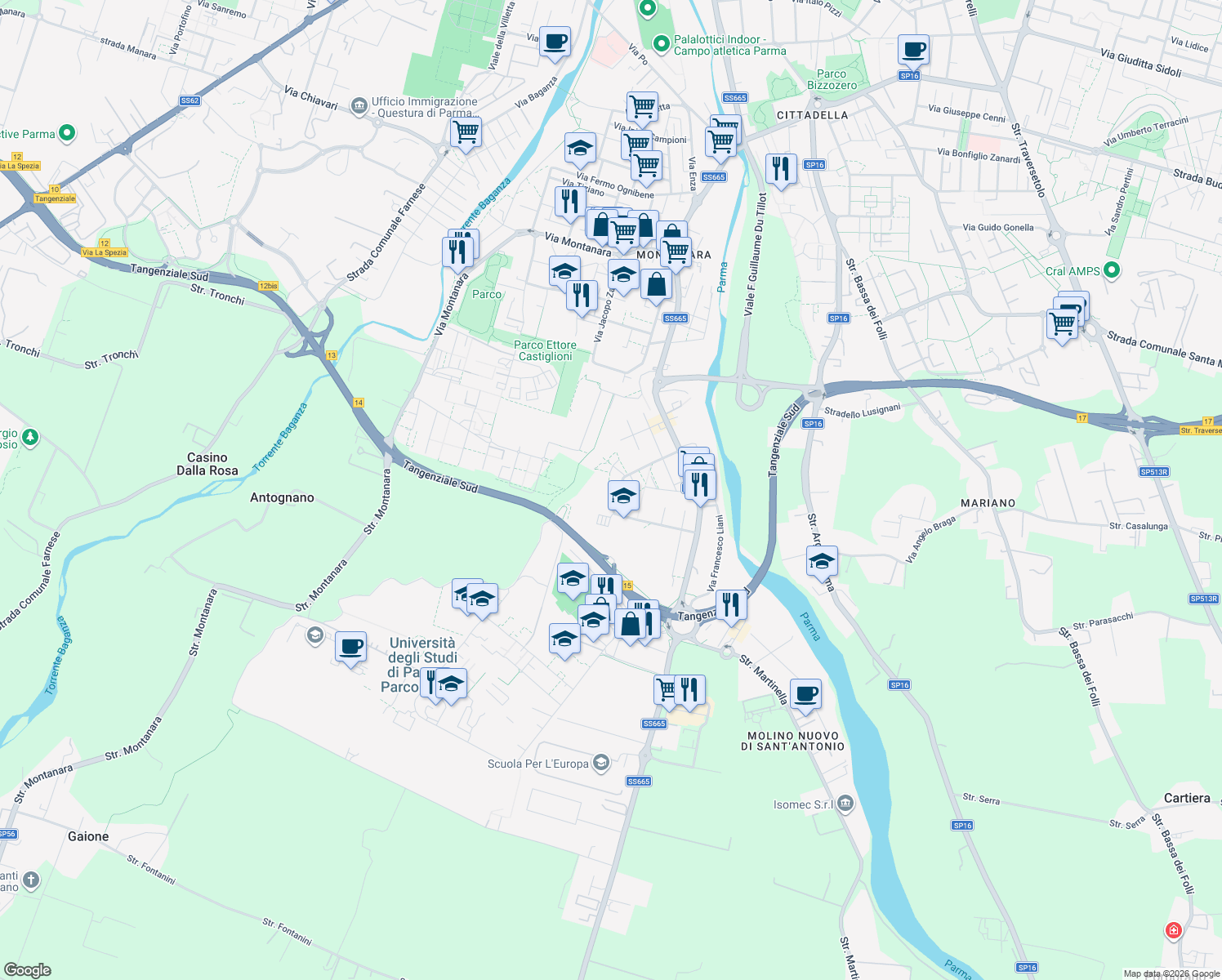 map of restaurants, bars, coffee shops, grocery stores, and more near 25 Via Filippo Brunelleschi in Parma