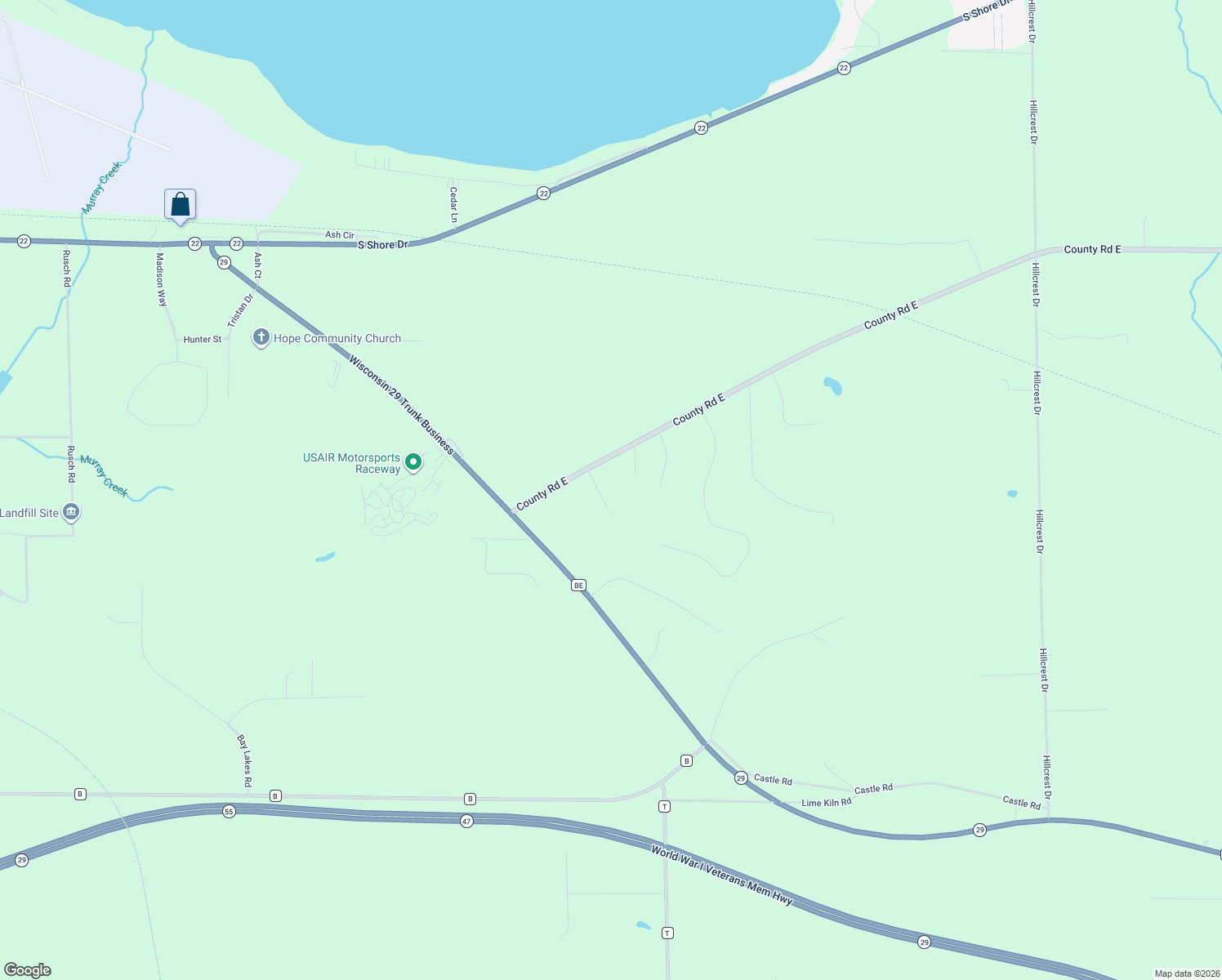 map of restaurants, bars, coffee shops, grocery stores, and more near W5735 County Road BE in Shawano
