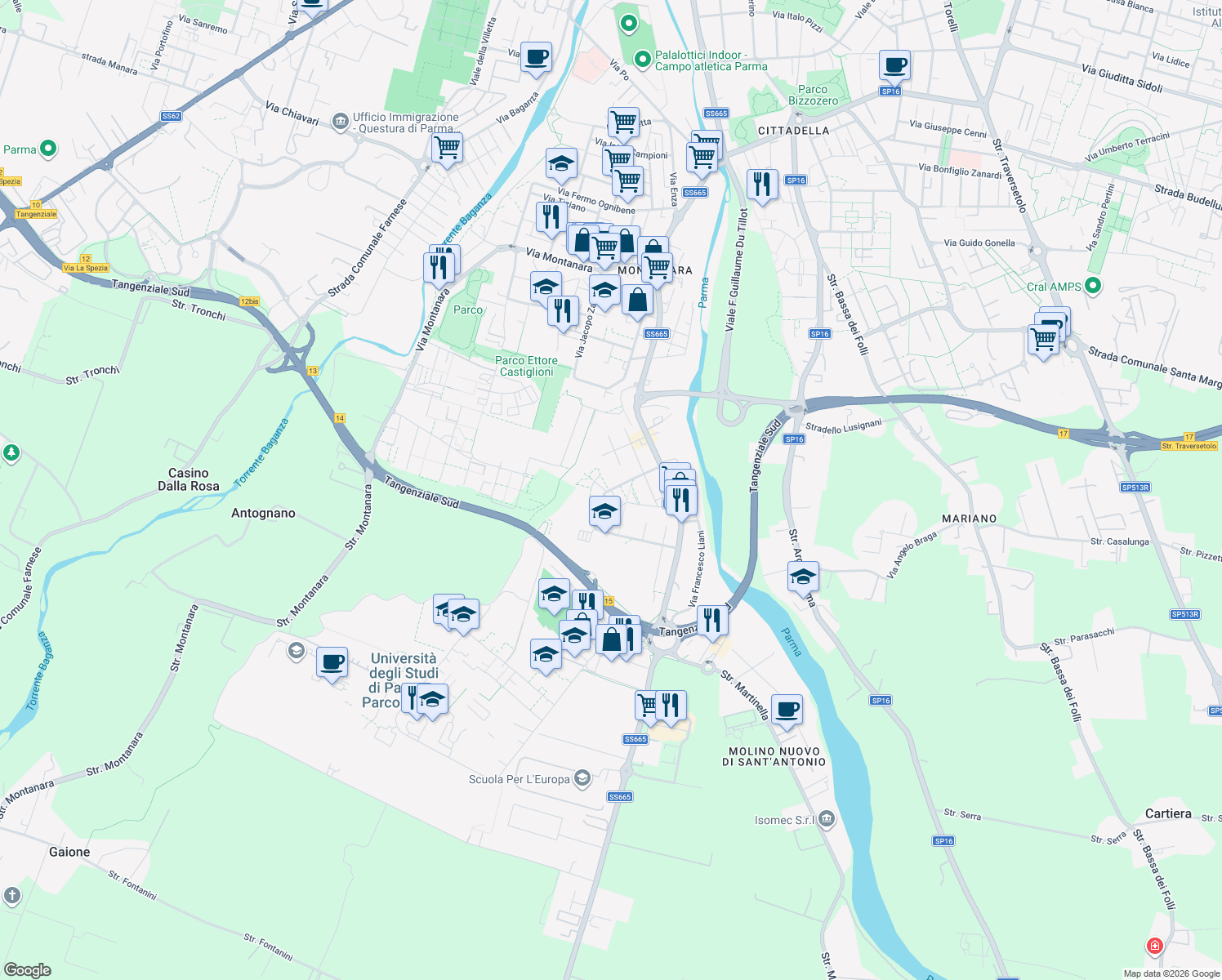 map of restaurants, bars, coffee shops, grocery stores, and more near 25 Via Filippo Brunelleschi in Parma