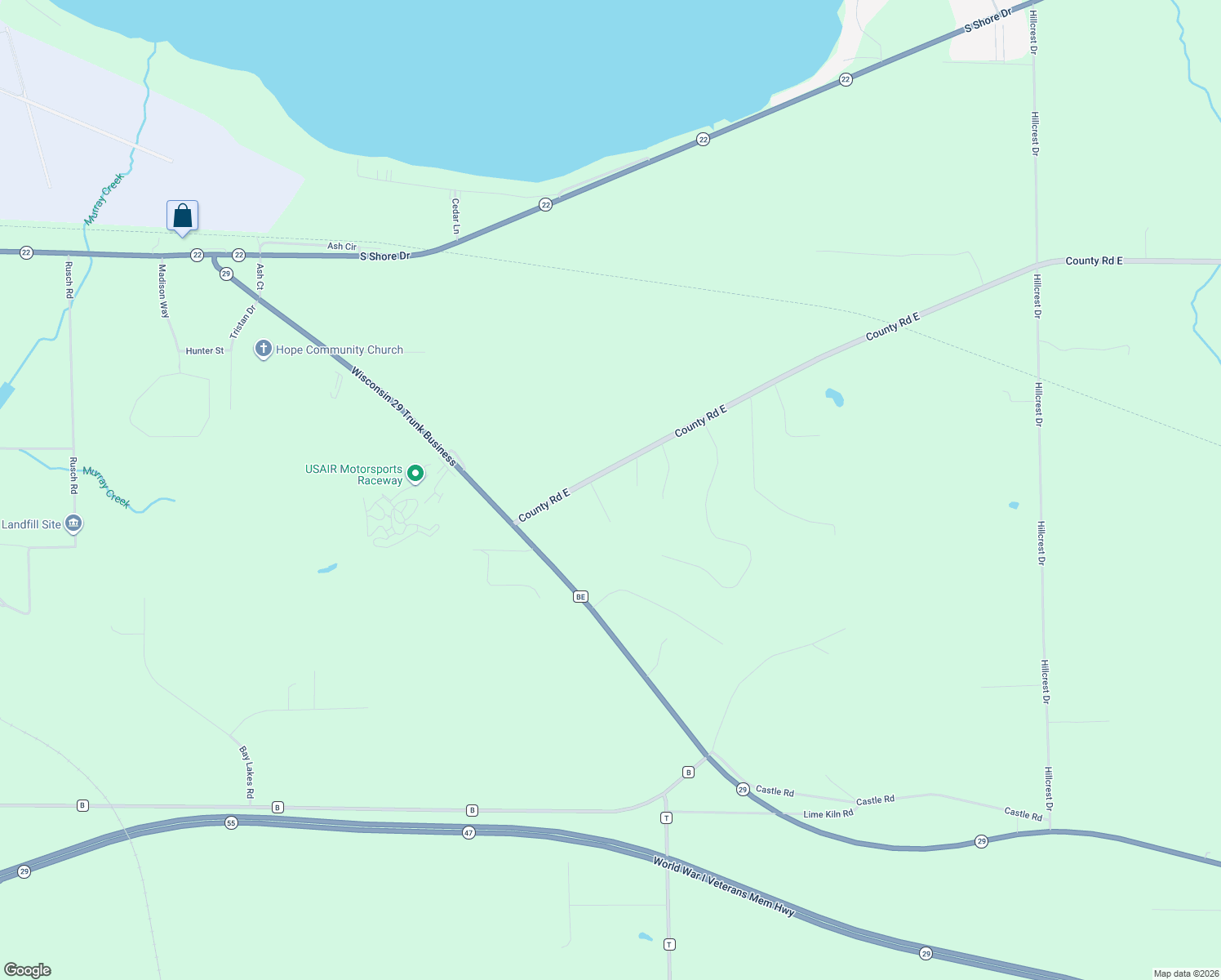 map of restaurants, bars, coffee shops, grocery stores, and more near W5735 County Highway BE in Shawano