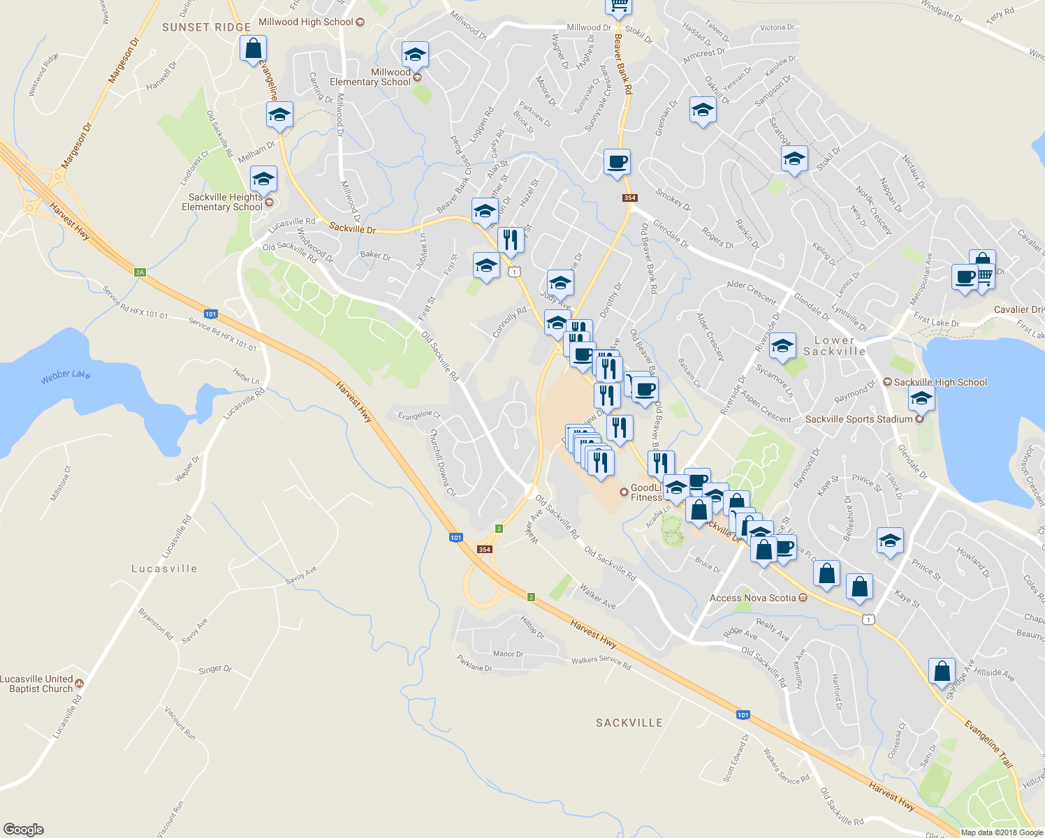 map of restaurants, bars, coffee shops, grocery stores, and more near 59 Wynn Castle Drive in Lower Sackville