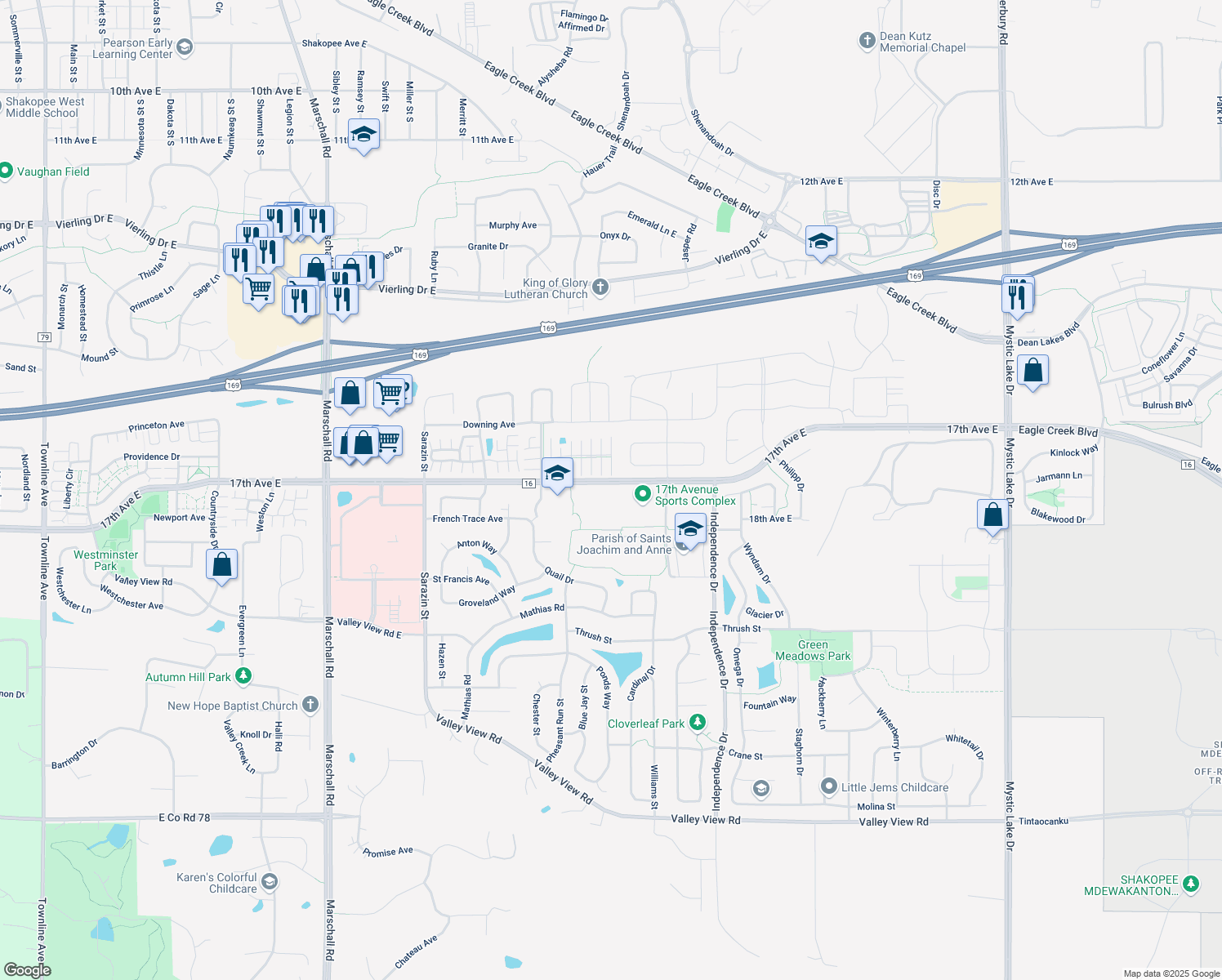 map of restaurants, bars, coffee shops, grocery stores, and more near 225 17th Avenue East in Shakopee