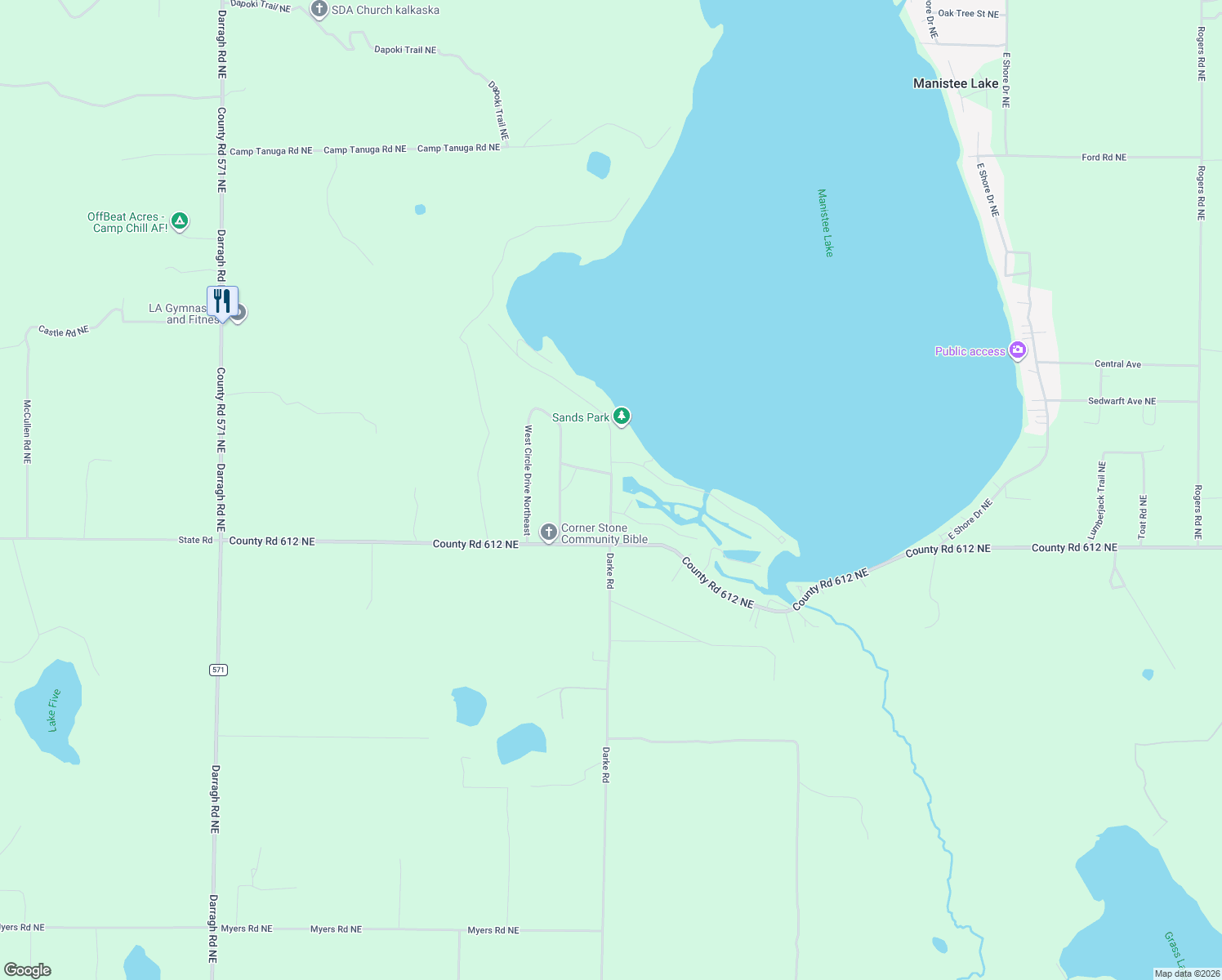 map of restaurants, bars, coffee shops, grocery stores, and more near 4164 Sands Park Rd NE in Kalkaska