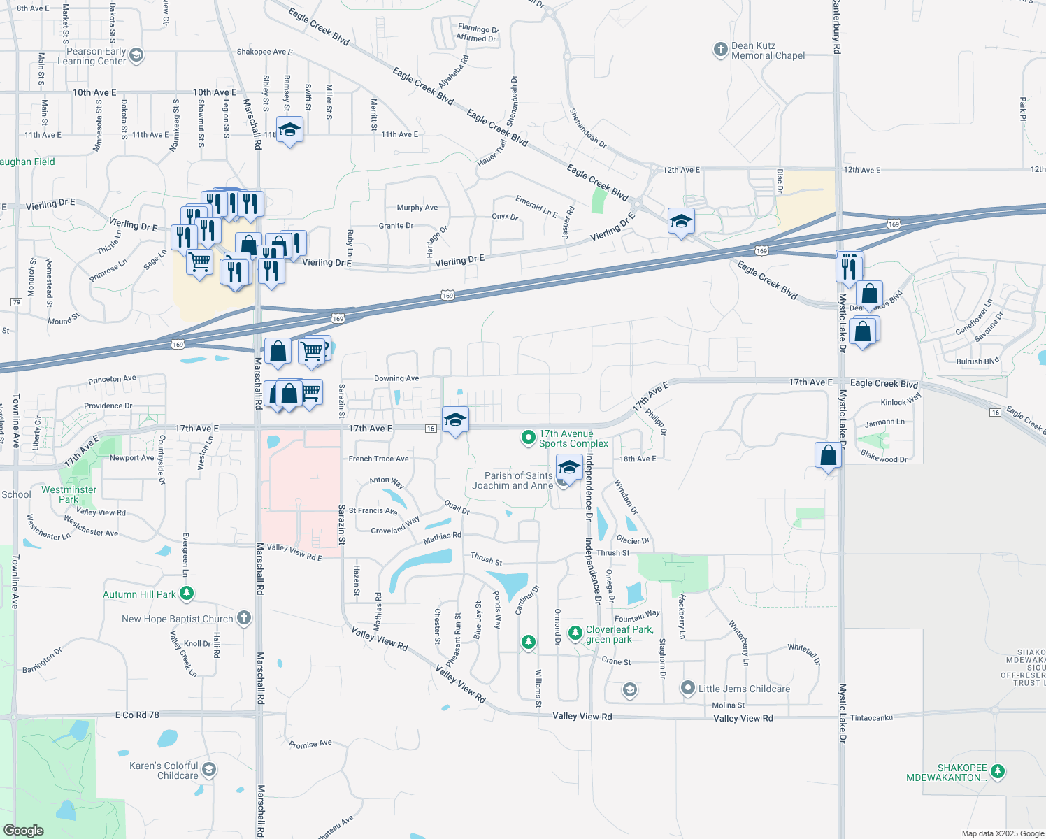 map of restaurants, bars, coffee shops, grocery stores, and more near 2450 Queen Avenue in Shakopee