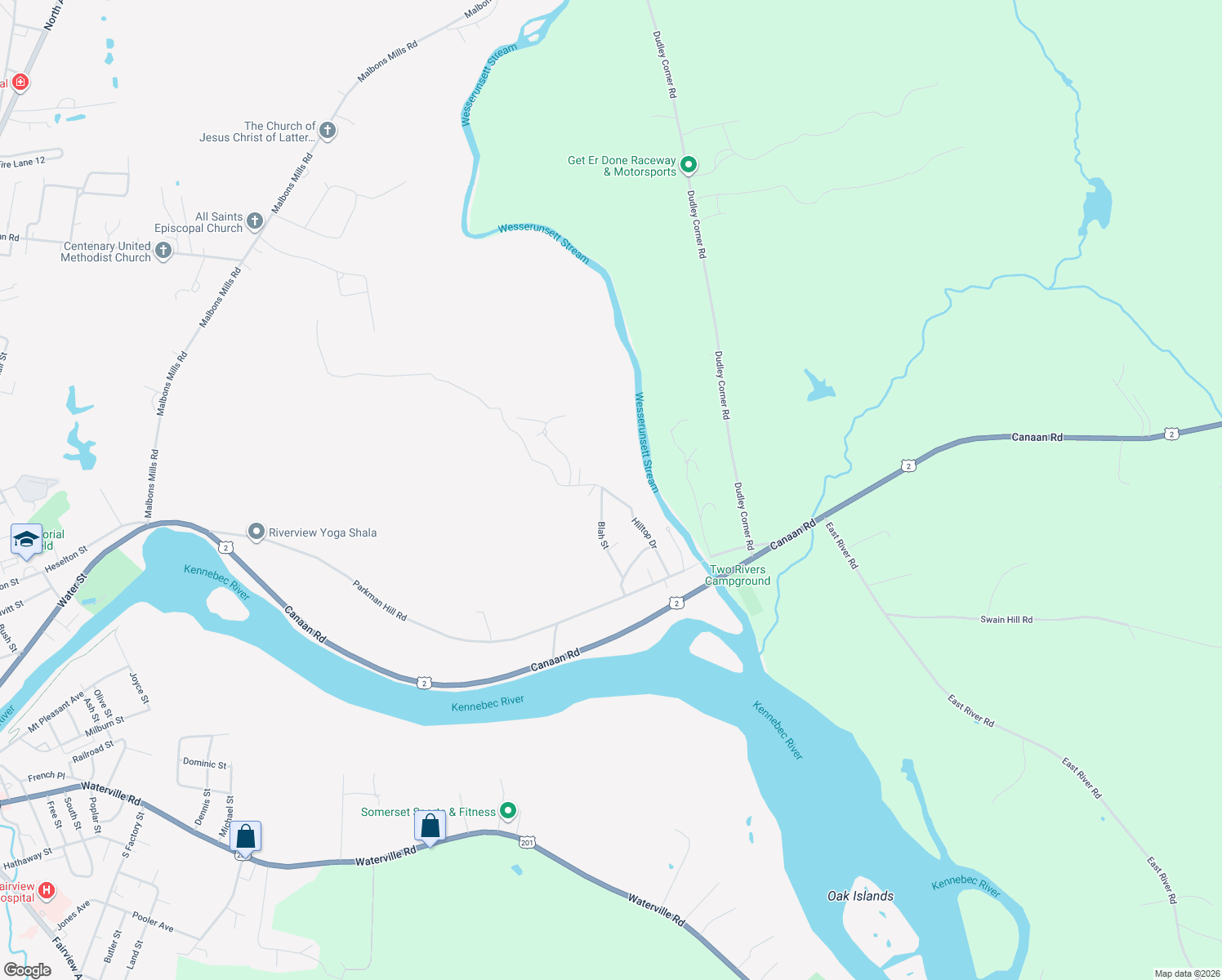 map of restaurants, bars, coffee shops, grocery stores, and more near 49 Hilltop Drive in Skowhegan