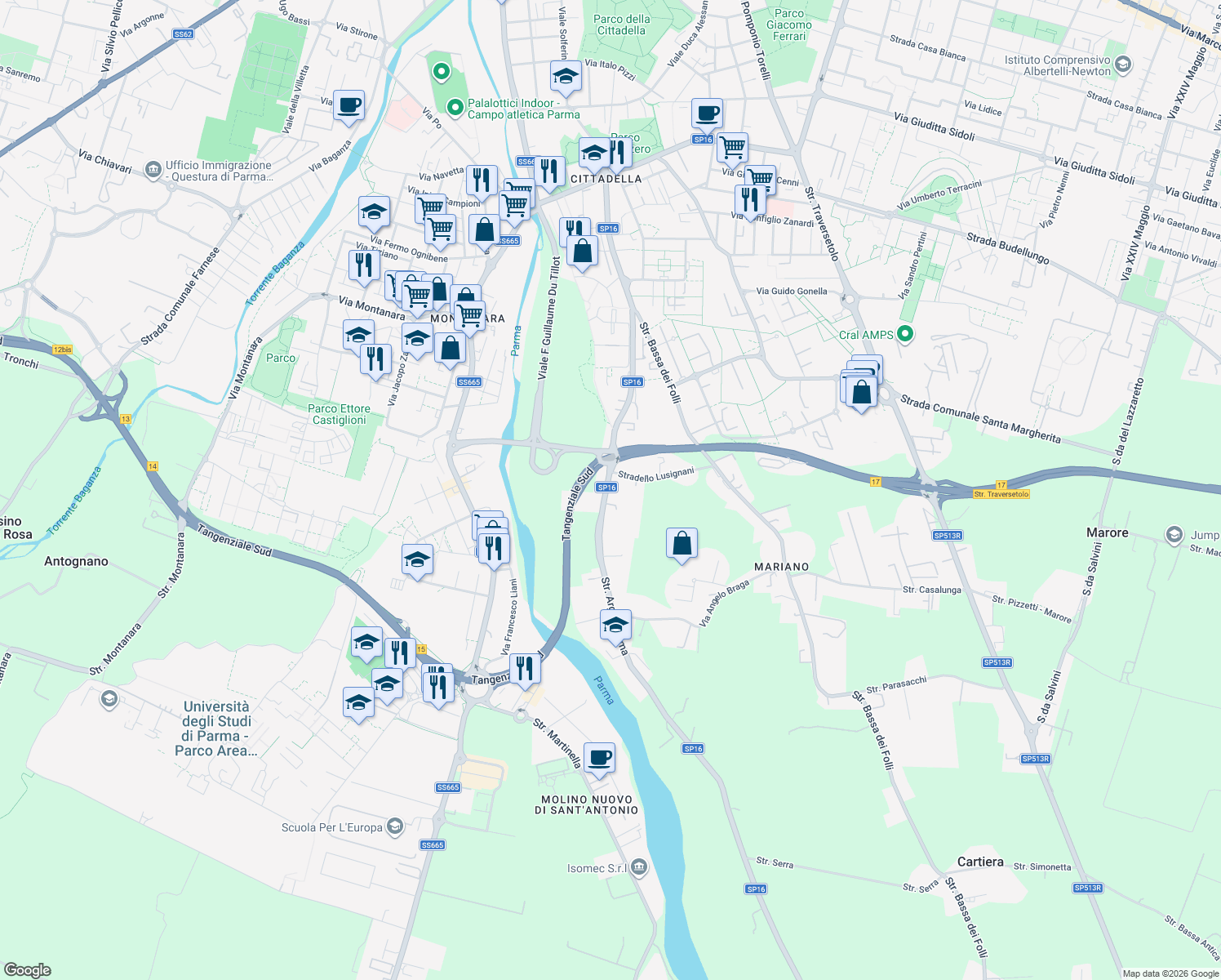 map of restaurants, bars, coffee shops, grocery stores, and more near 45-105 Strada Argini Parma in Parma