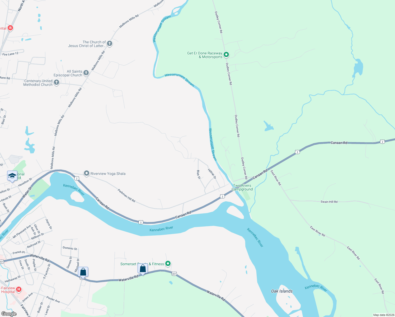 map of restaurants, bars, coffee shops, grocery stores, and more near 49 Hilltop Drive in Skowhegan