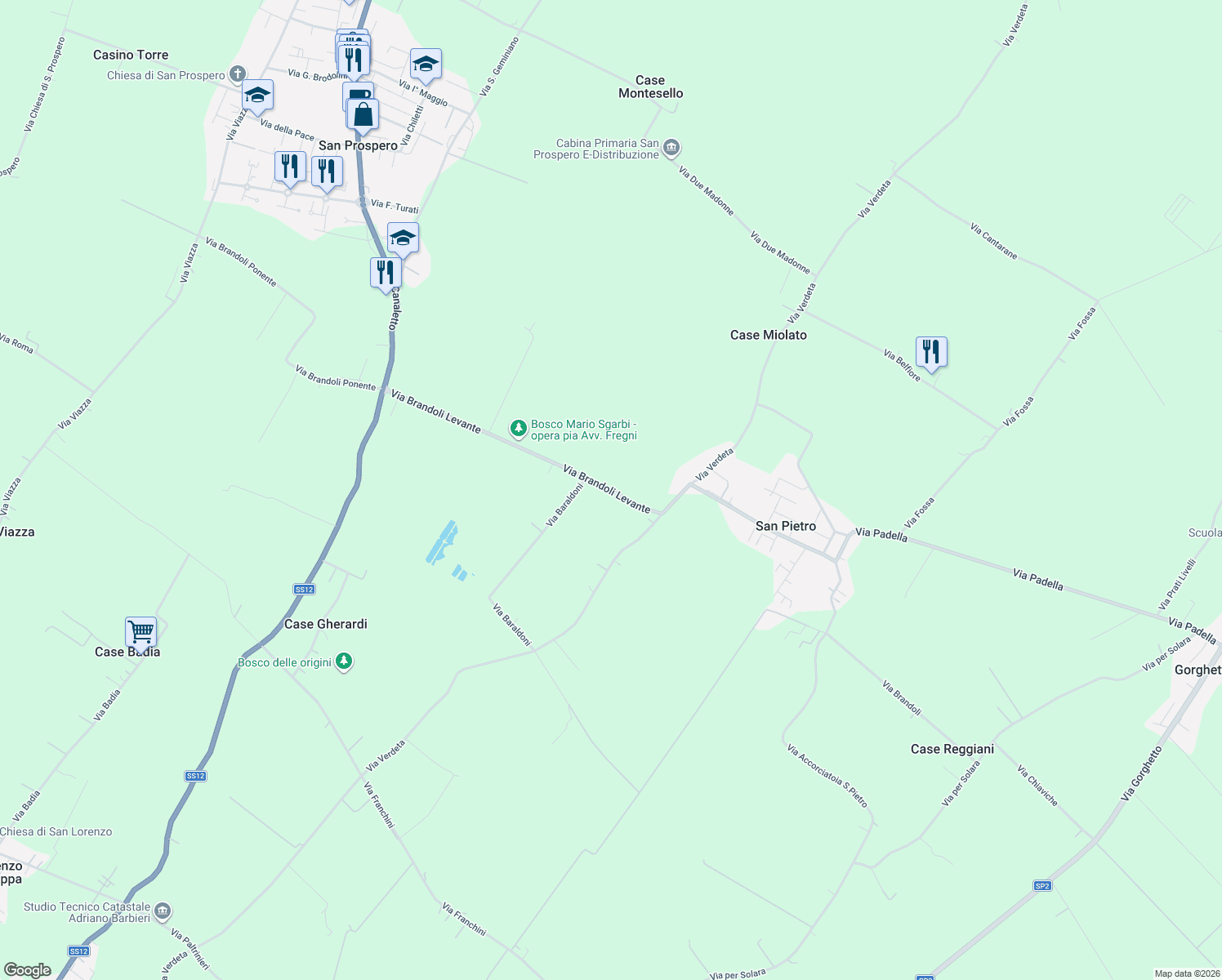 map of restaurants, bars, coffee shops, grocery stores, and more near 10 Via Brandoli Levante in San Pietro