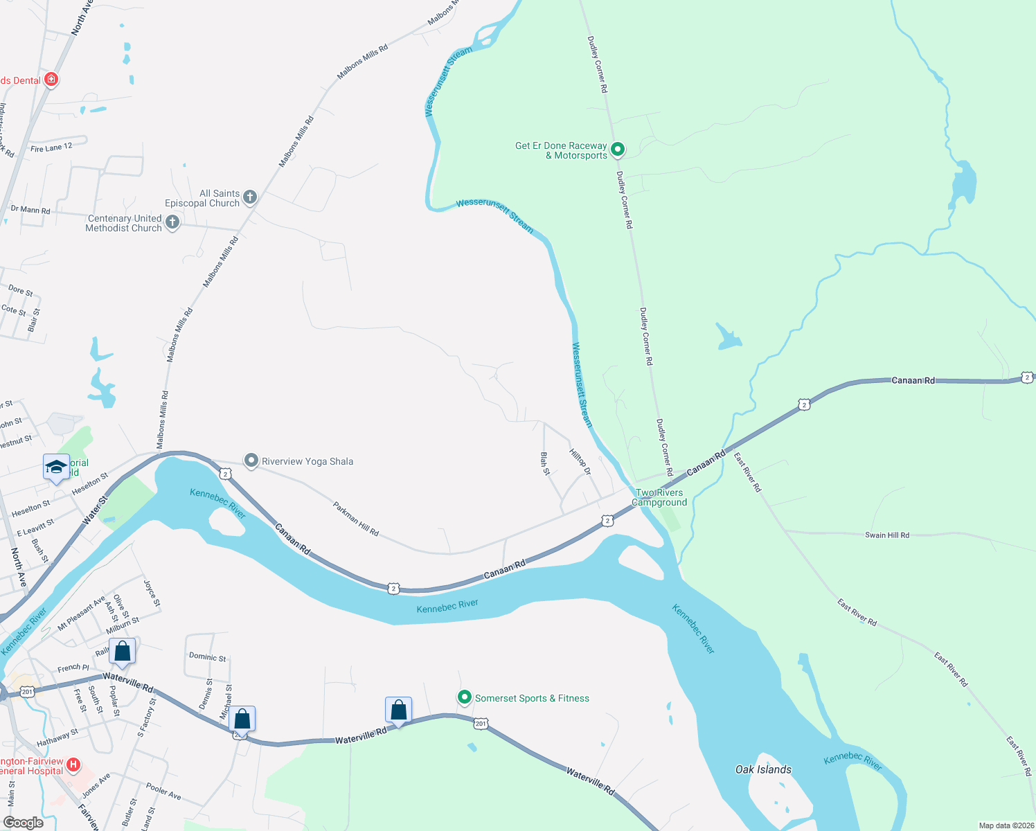 map of restaurants, bars, coffee shops, grocery stores, and more near 22 Sunrise Drive in Skowhegan