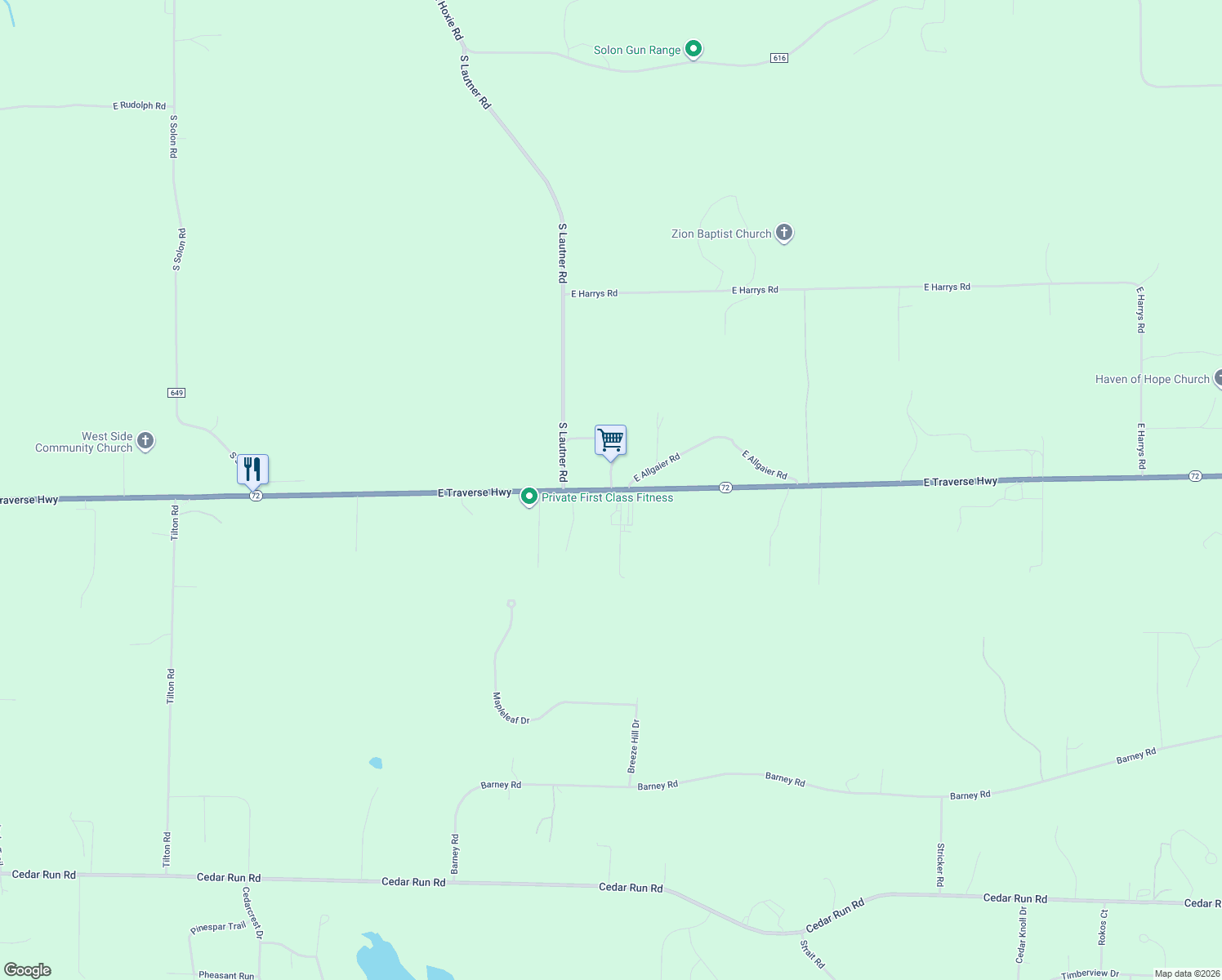 map of restaurants, bars, coffee shops, grocery stores, and more near 5852 East Traverse Highway in Traverse City