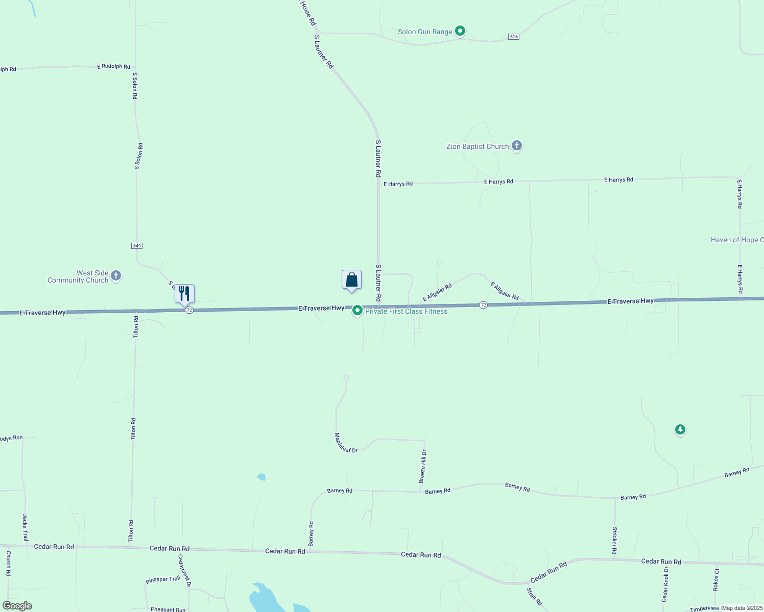 map of restaurants, bars, coffee shops, grocery stores, and more near 5999 E Traverse Hwy in CEDAR