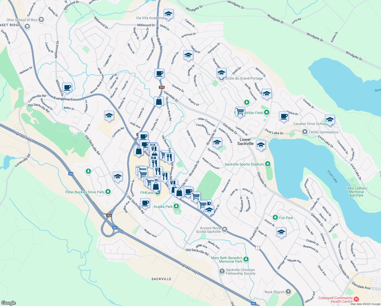 map of restaurants, bars, coffee shops, grocery stores, and more near 12 Alder Crescent in Lower Sackville