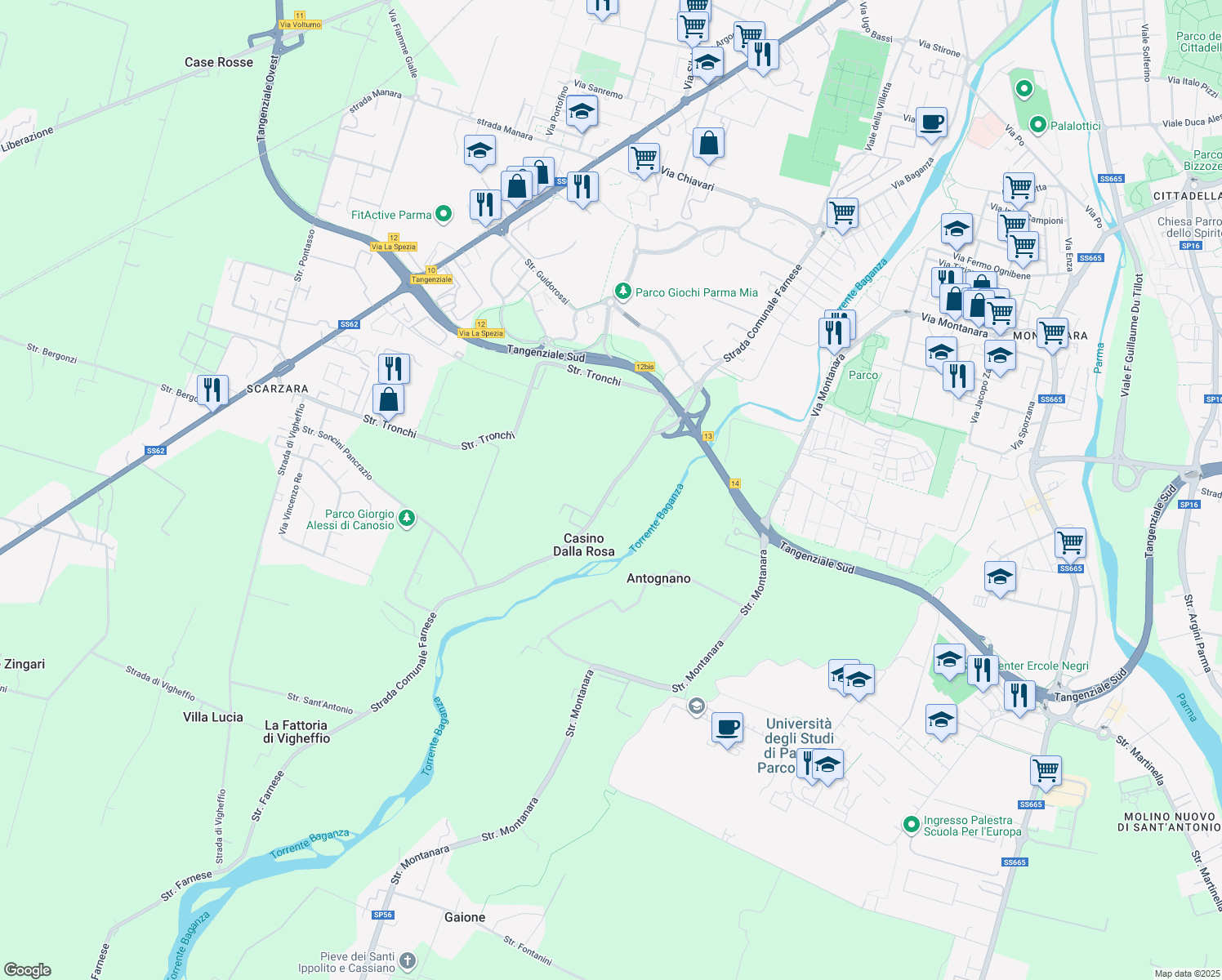 map of restaurants, bars, coffee shops, grocery stores, and more near 72 Strada Comunale Farnese in Provincia di Parma