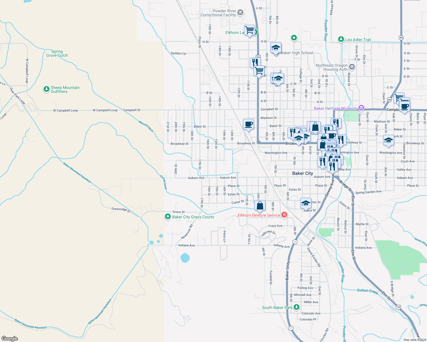 map of restaurants, bars, coffee shops, grocery stores, and more near 1779 15th Street in Baker City