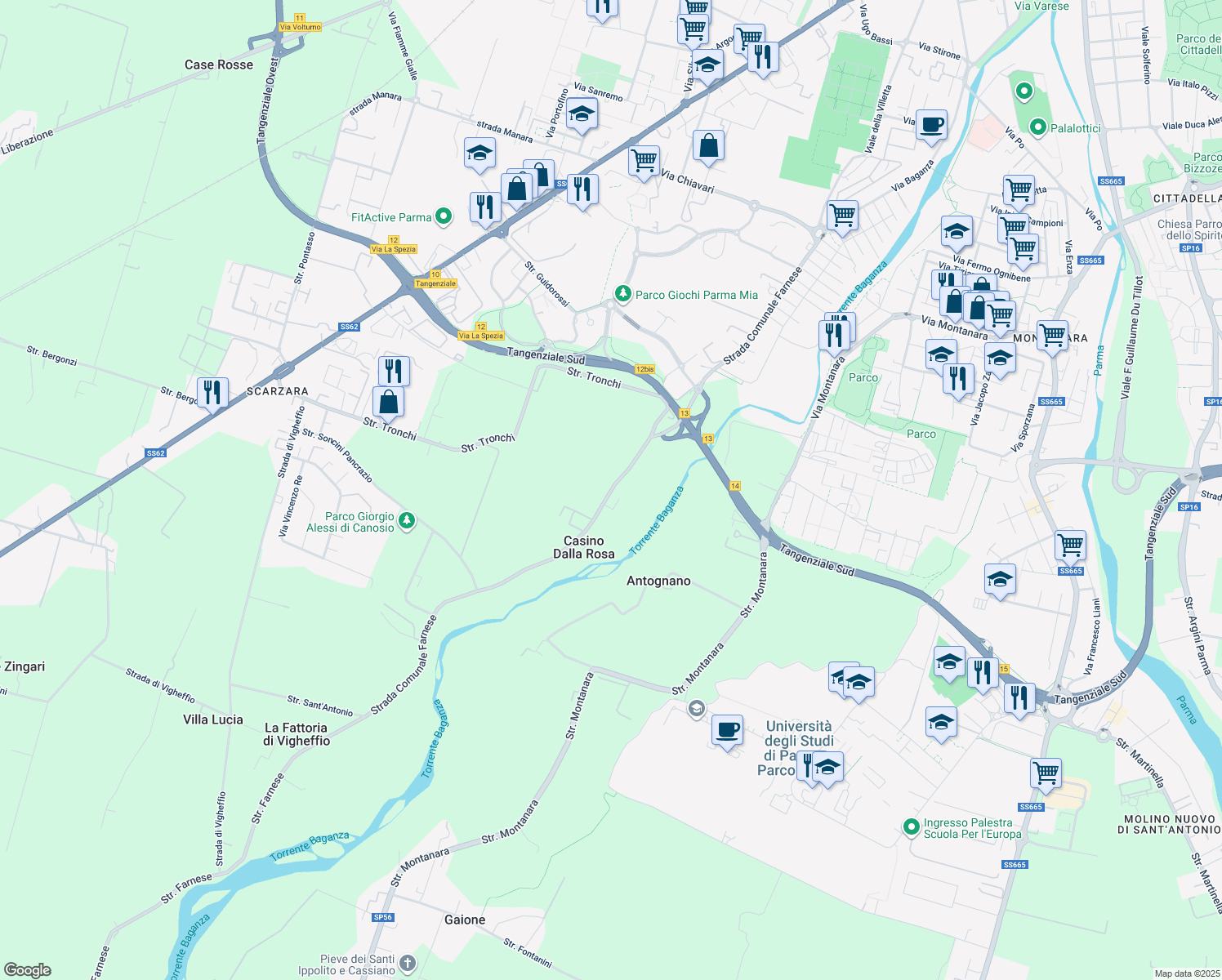 map of restaurants, bars, coffee shops, grocery stores, and more near 72 Strada Comunale Farnese in Provincia di Parma