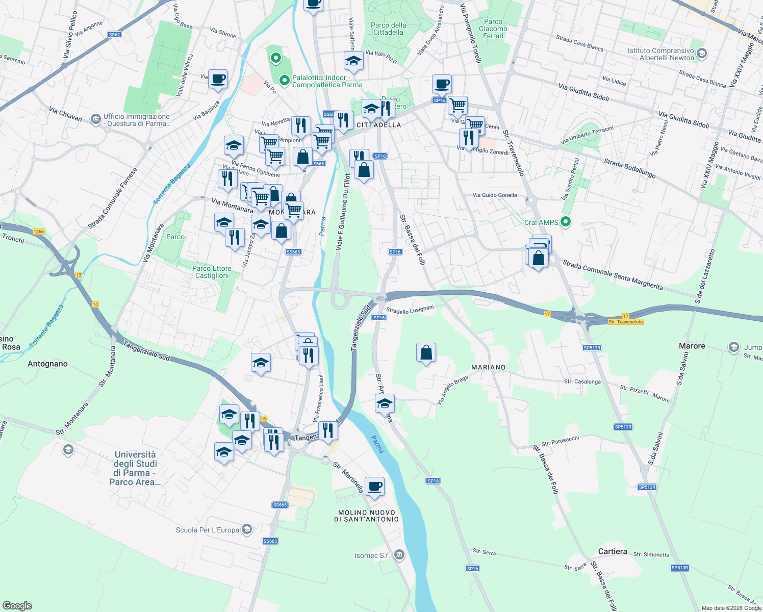 map of restaurants, bars, coffee shops, grocery stores, and more near 105 Strada Argini Parma in Parma