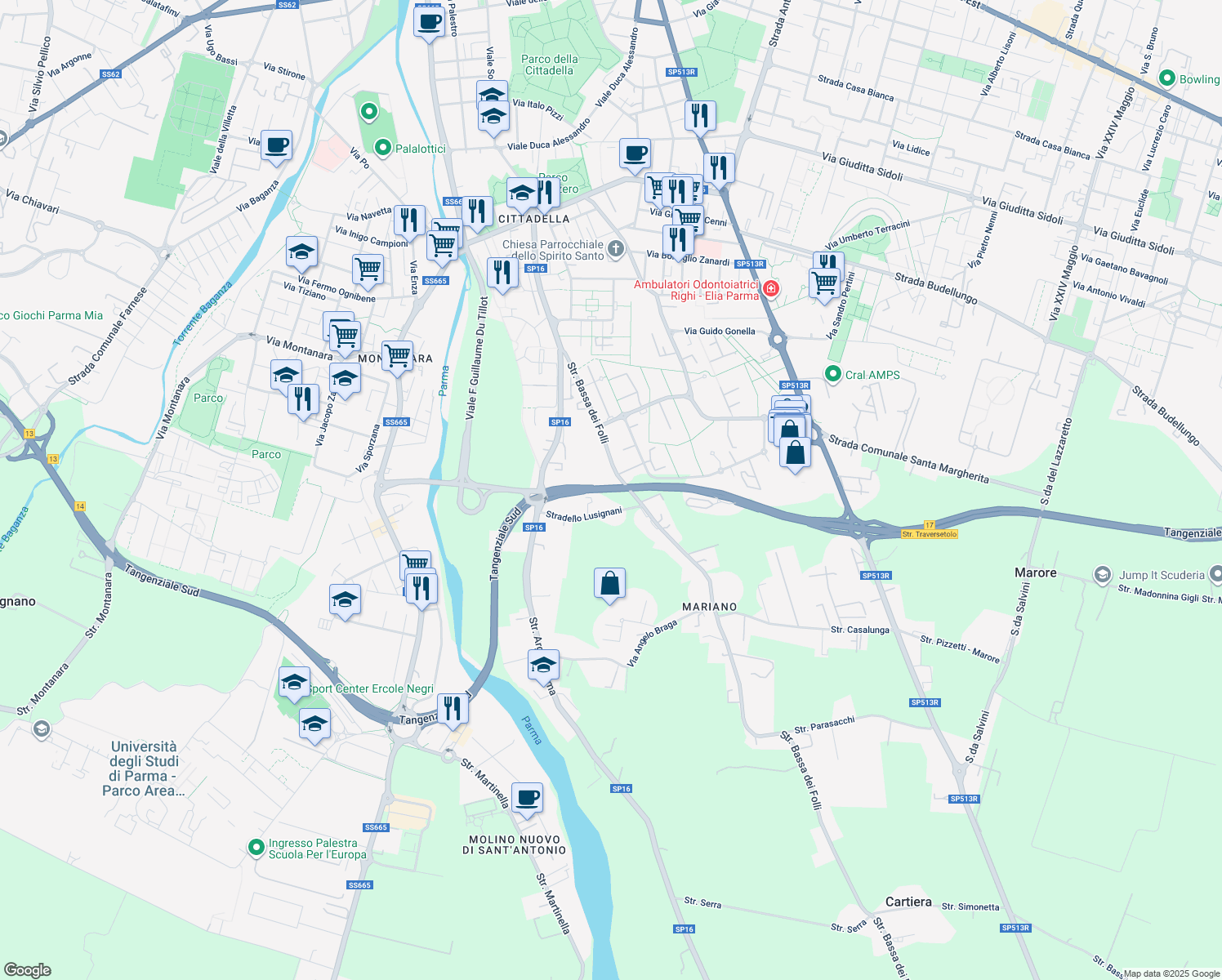 map of restaurants, bars, coffee shops, grocery stores, and more near Tangenziale Sud in Provincia di Parma
