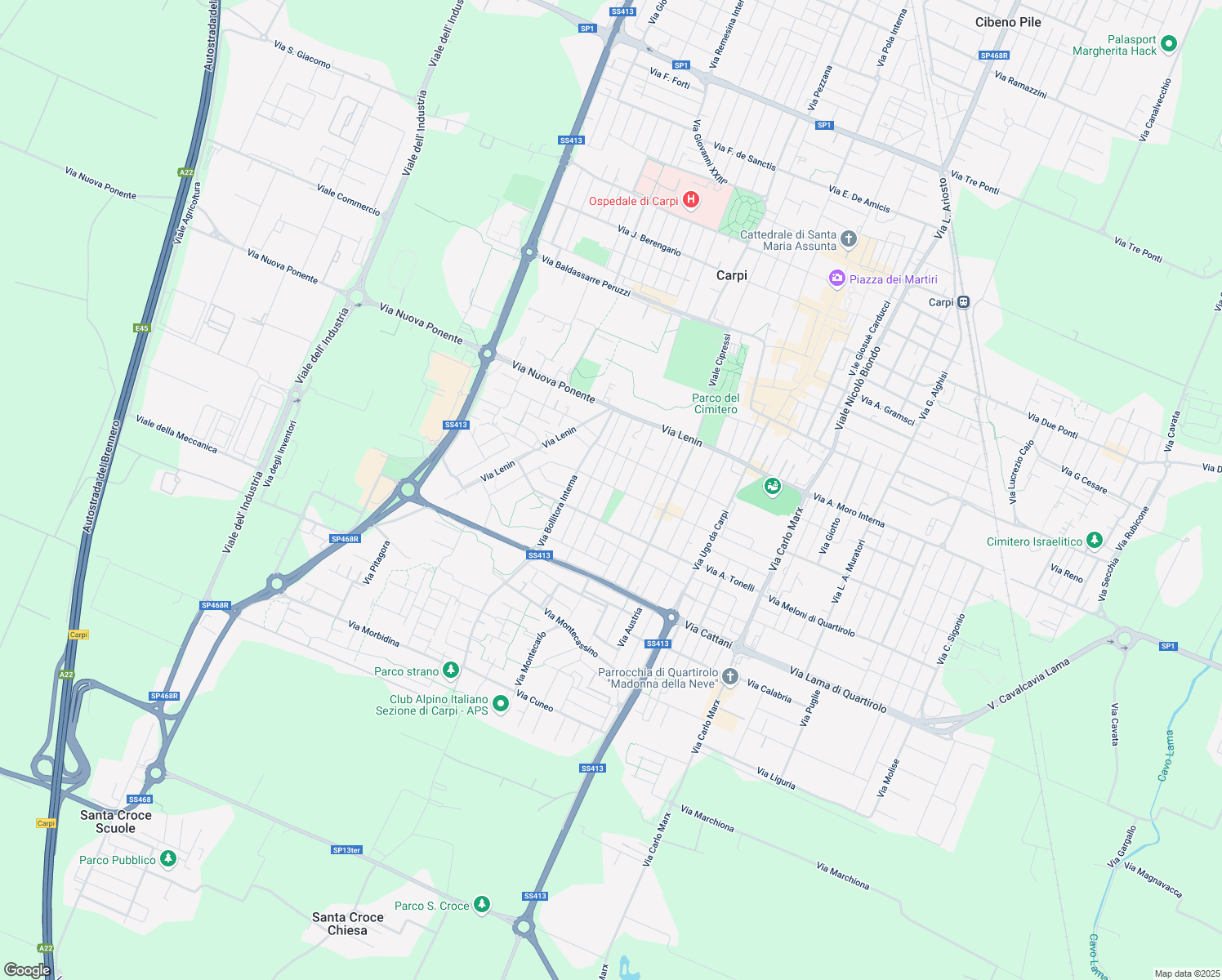 map of restaurants, bars, coffee shops, grocery stores, and more near 33 Via A. Cadamosto in Carpi