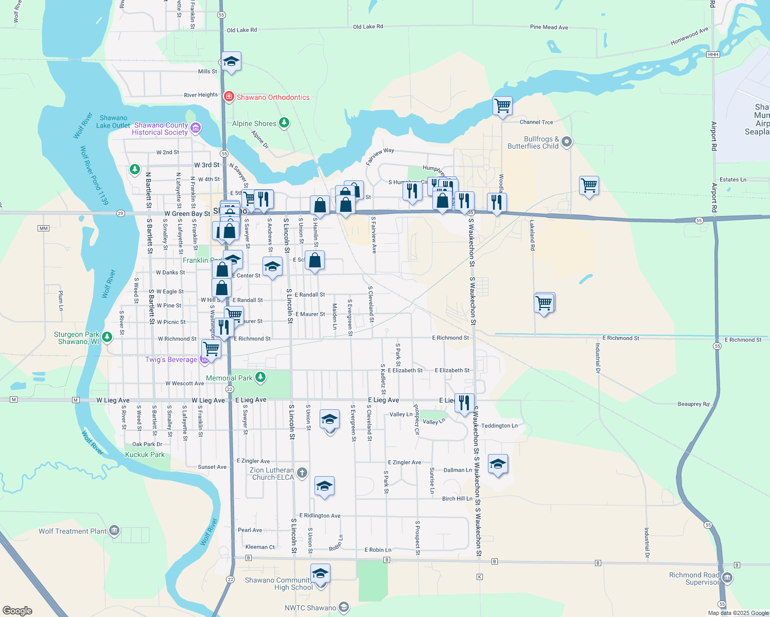map of restaurants, bars, coffee shops, grocery stores, and more near 921 East Maurer Street in Shawano