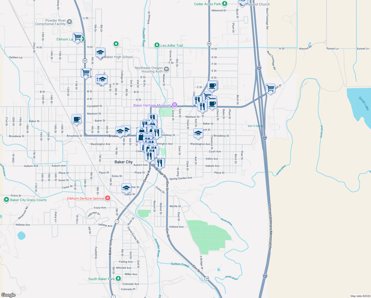 map of restaurants, bars, coffee shops, grocery stores, and more near 1917 Clark Street in Baker City