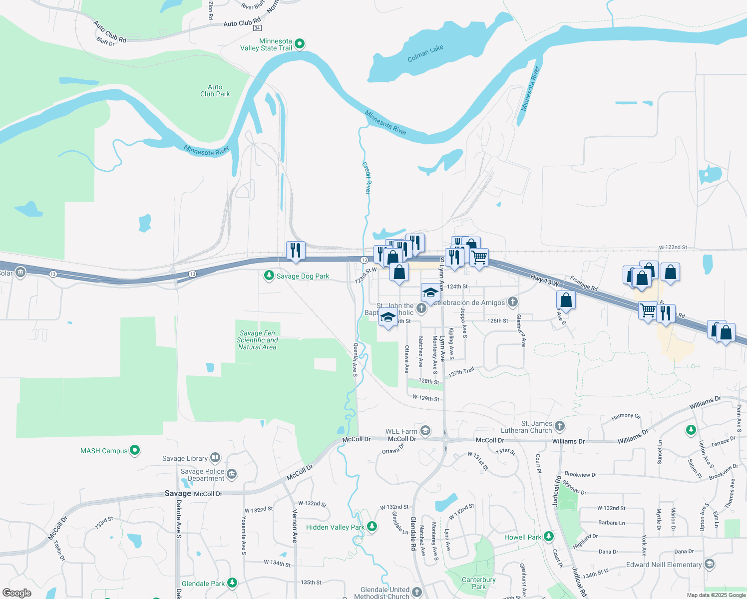 map of restaurants, bars, coffee shops, grocery stores, and more near 12472 Princeton Avenue in Savage