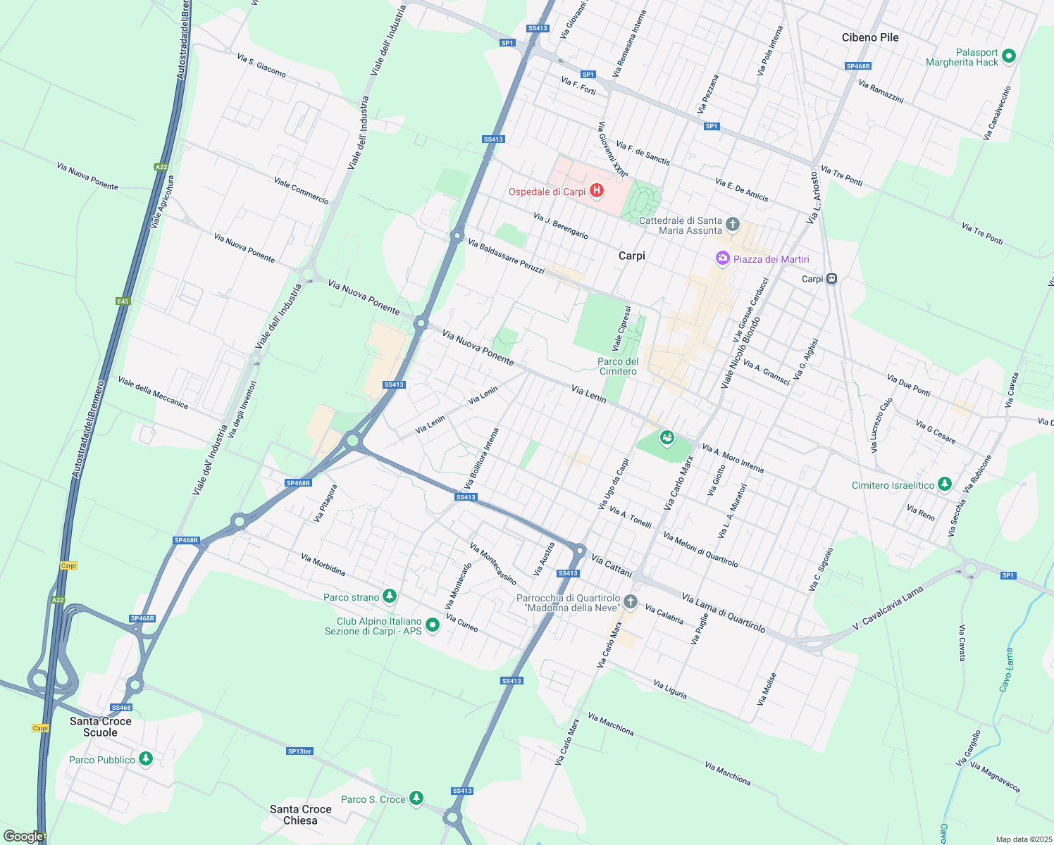 map of restaurants, bars, coffee shops, grocery stores, and more near 33 Via Alvise Cadamosto in Carpi Centro
