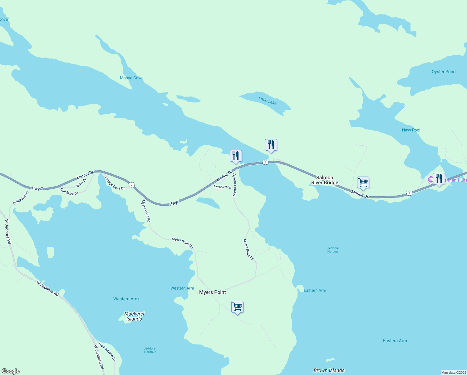 map of restaurants, bars, coffee shops, grocery stores, and more near 70 Cliffview Lane in Head of Jeddore