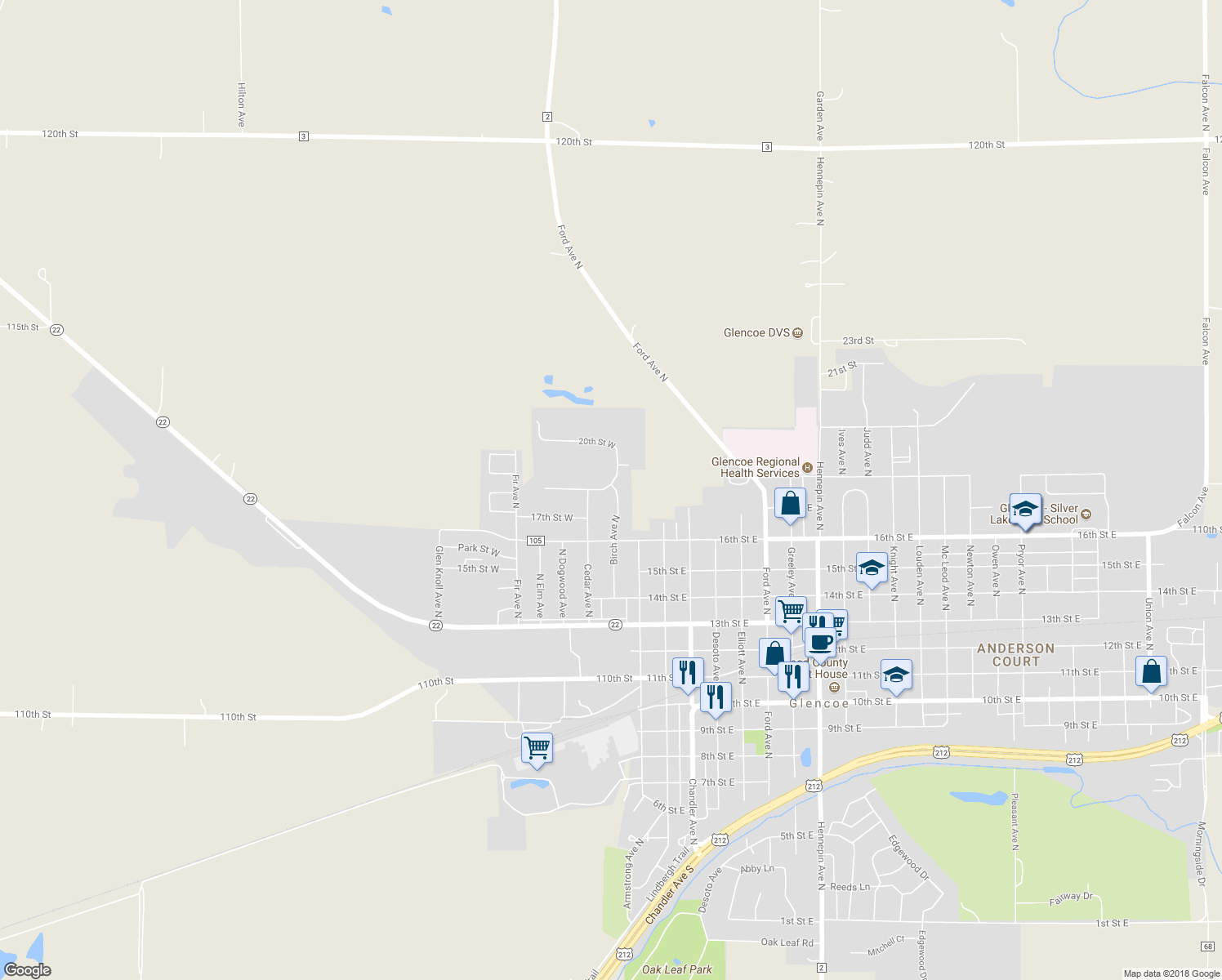 map of restaurants, bars, coffee shops, grocery stores, and more near 1701 Birch Avenue North in Glencoe