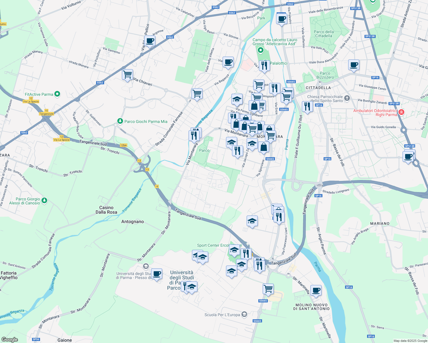 map of restaurants, bars, coffee shops, grocery stores, and more near 5-7 Largo Otto Marzo in Parma