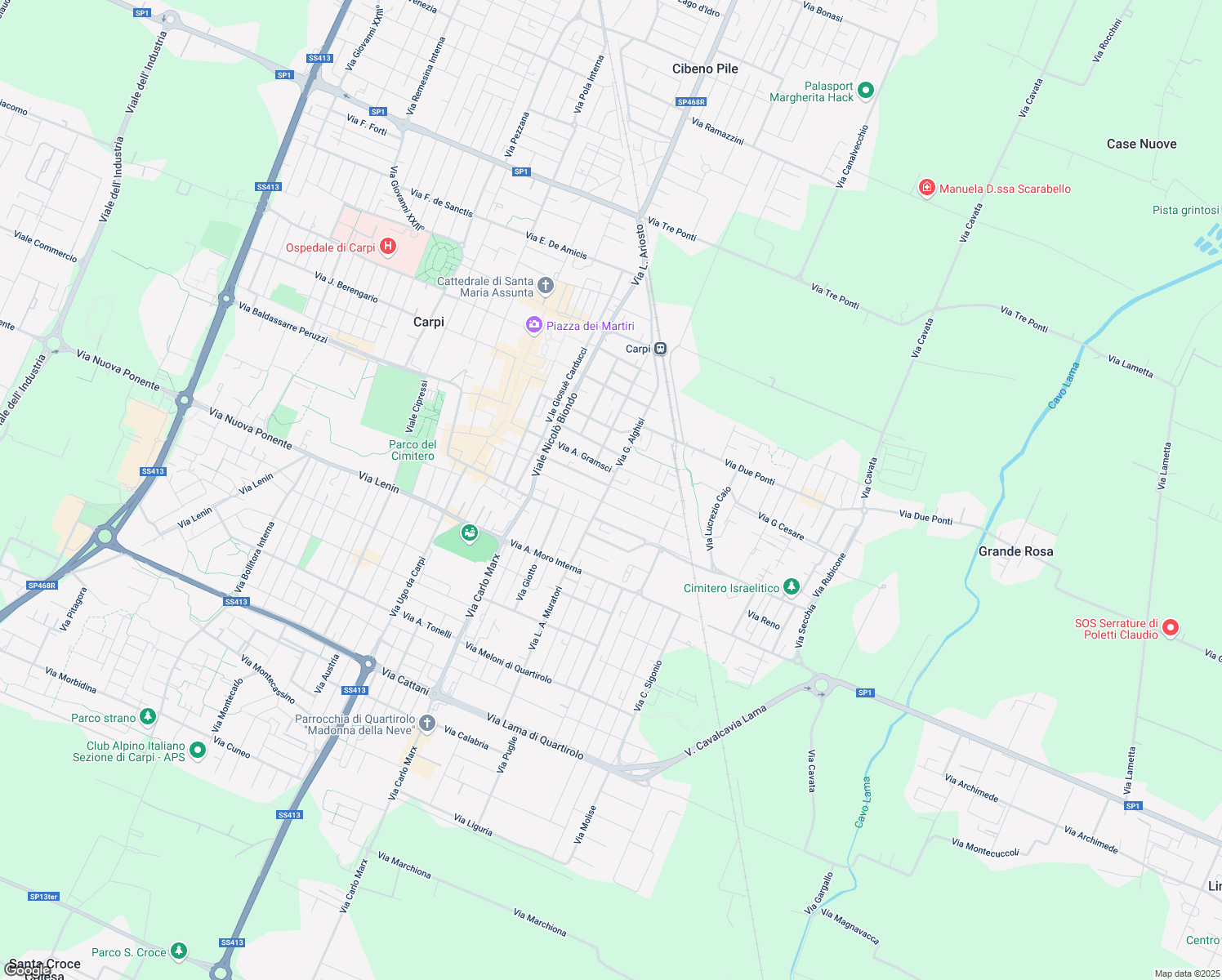 map of restaurants, bars, coffee shops, grocery stores, and more near 15 Via G. Amendola in Carpi